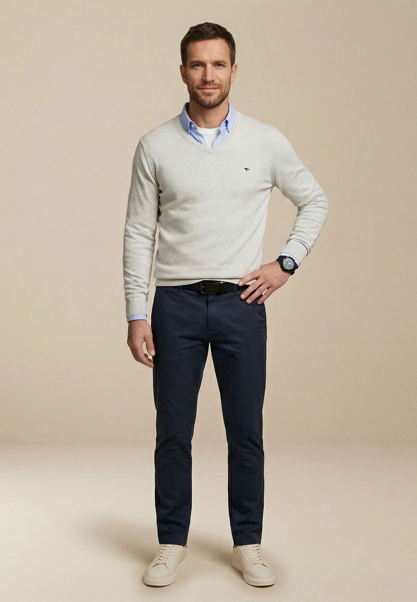 FYNCH-HATTON Strickpullover aus Baumwolle, mit V-Ausschnitt, hüftbedeckende Passform