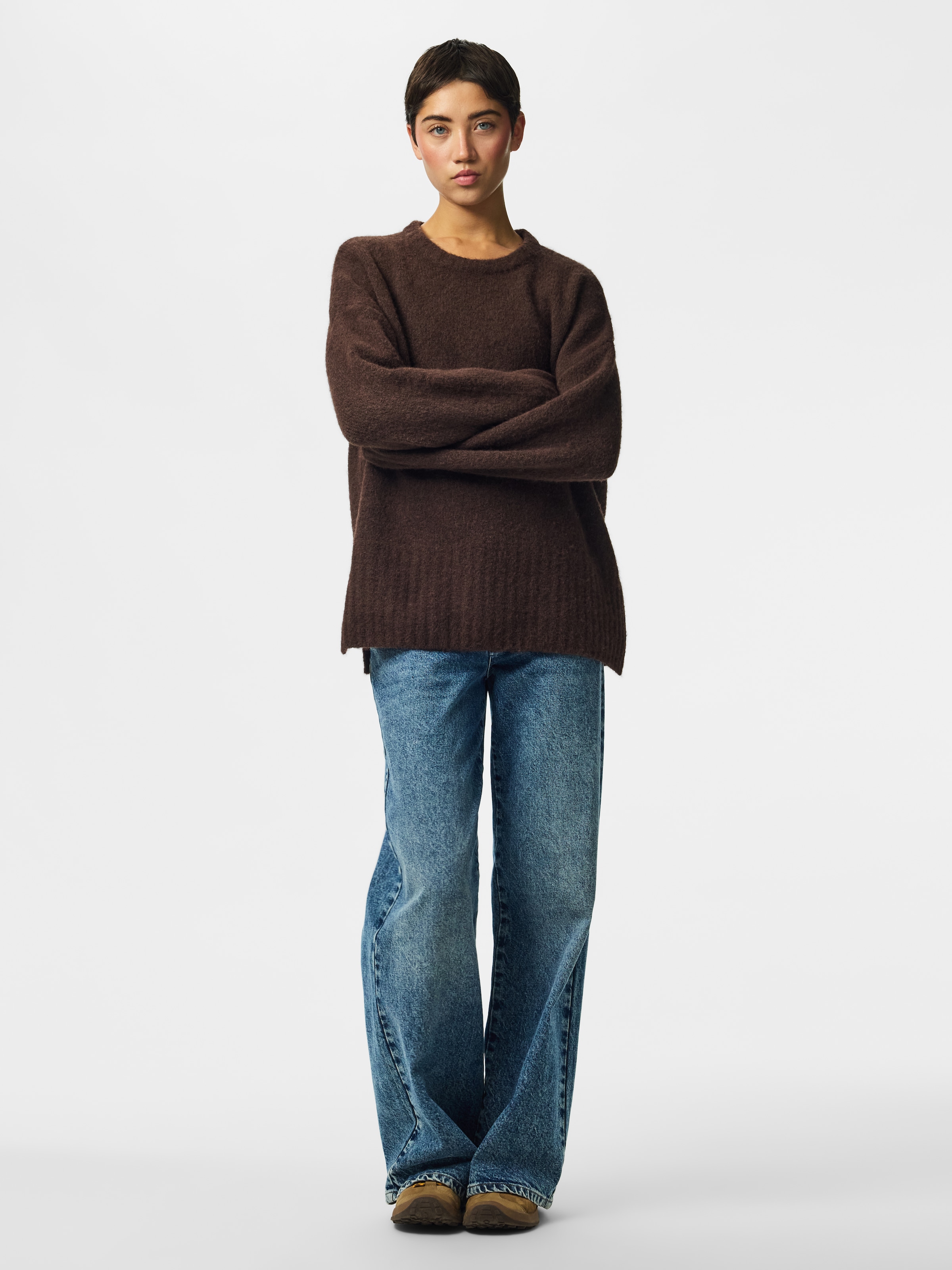 pieces Strickpullover »PCTINA LS O-NECK KNIT NOOS« Materialmix