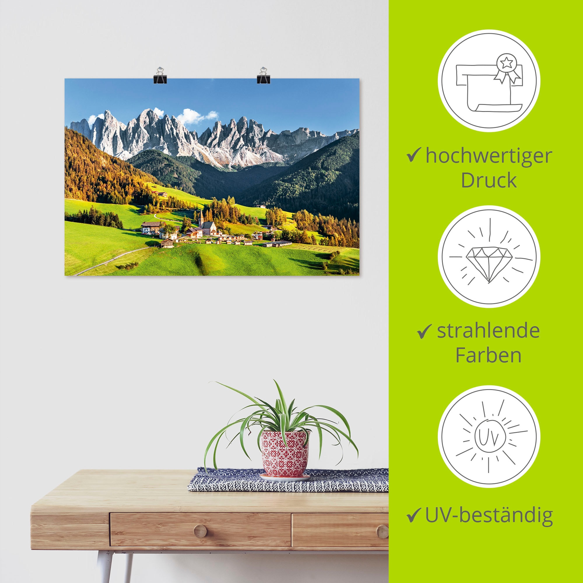 Artland Wandbild »Alpen Berge Santa Maddalena«, Berge & Alpenbilder, (1 St.), als Alubild, Outdoorbild, Leinwandbild, Poster in verschied. Größen