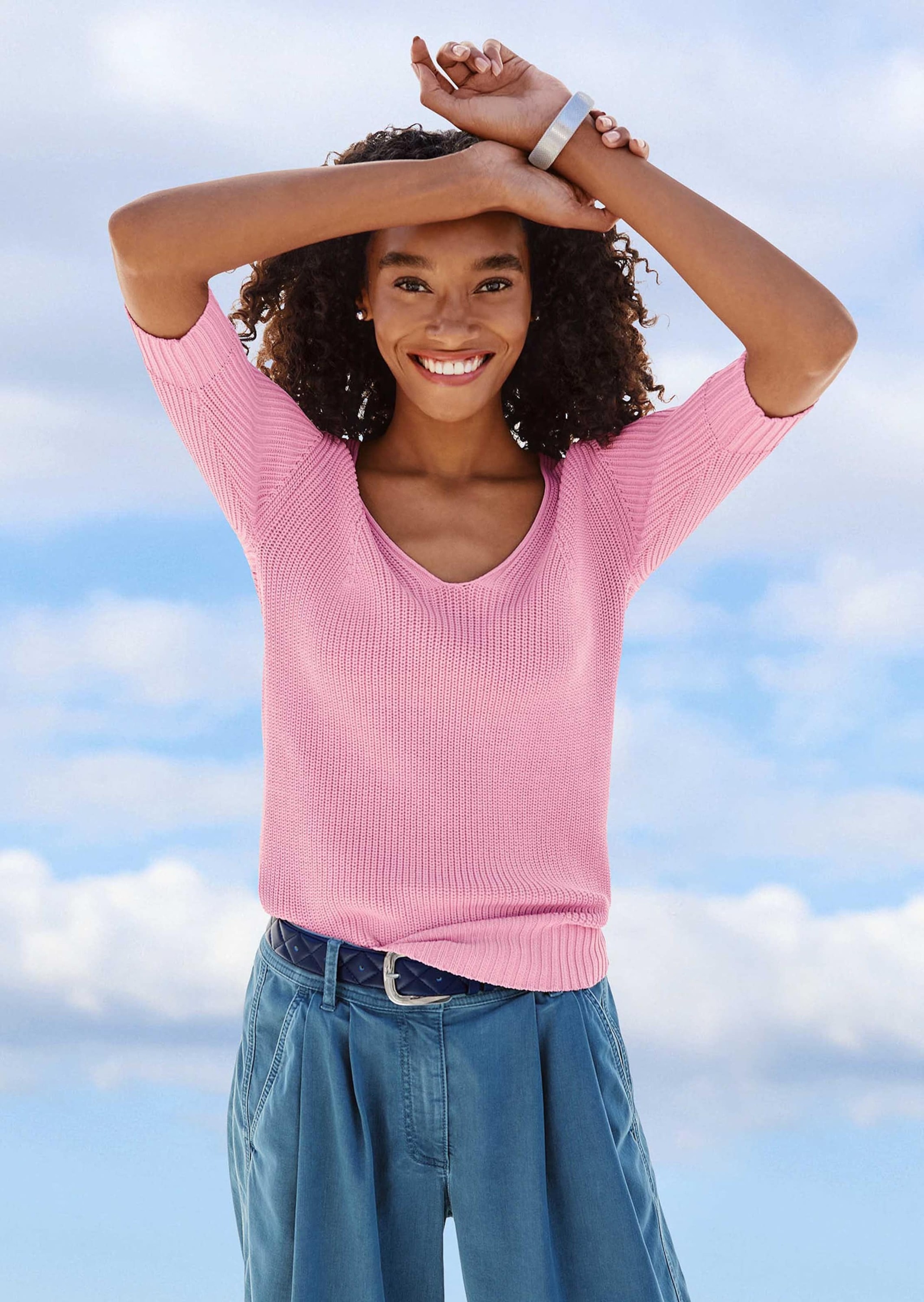 MADELEINE Longpullover »Pullover Strickpullover mit kurzen Ärmeln«