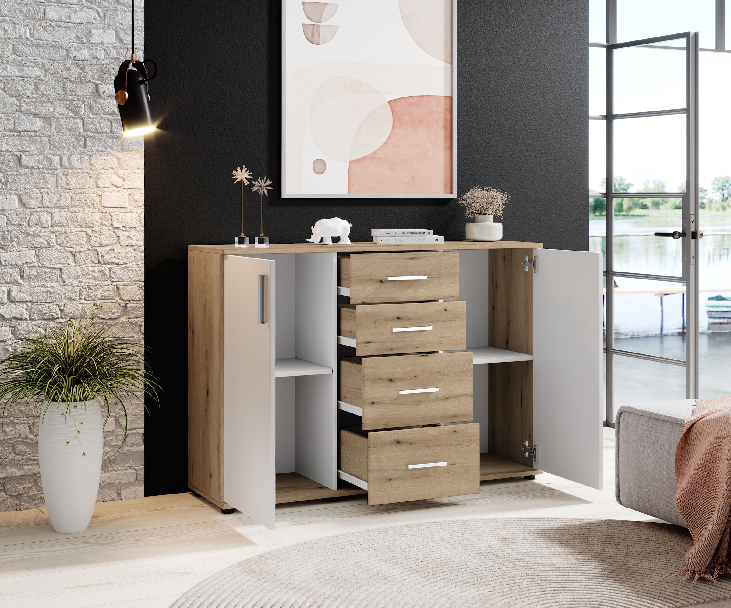 HBZ Kommode »BC-Drift-2, Sideboard Stellmaß 120x84x35 cm«, (1 St.), Sideboard mit 2 Türen, 4 Schubkästen, 2 Einlegeböden