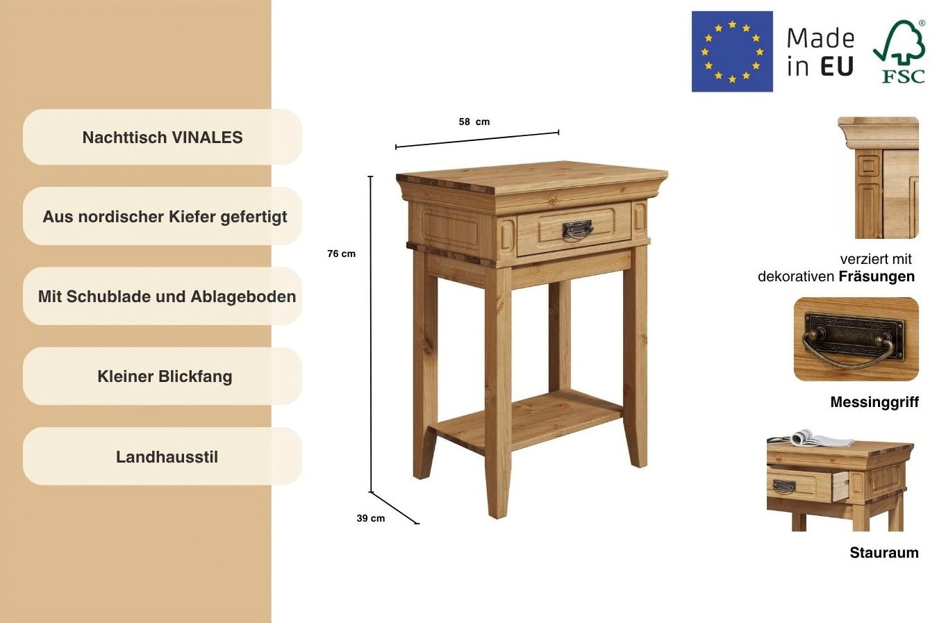 Home affaire Nachttisch »Vinales; Konsolentisch, Beistelltisch ideal für Boxspringbetten« Aus massiver Kiefer, mit Fräsungen