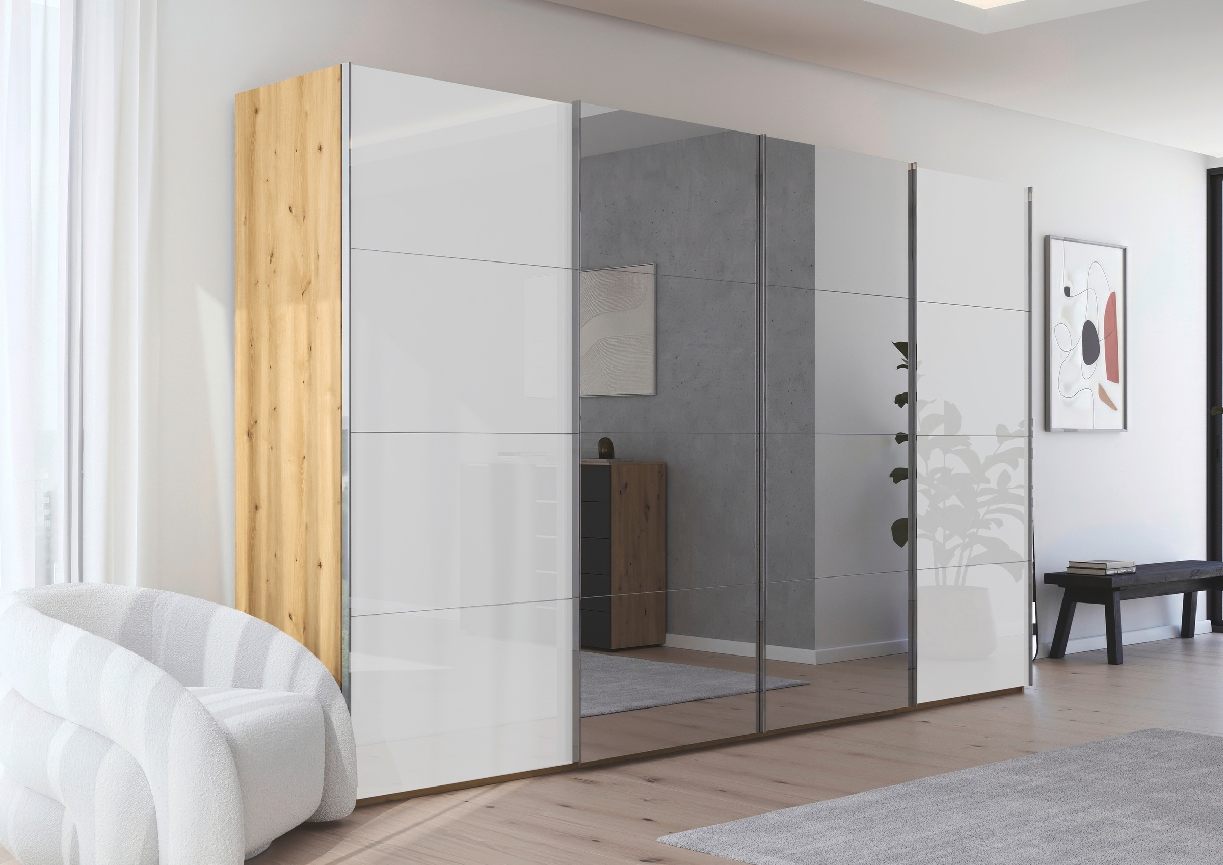 rauch Schwebetürenschrank »Kleiderschrank Schrank Garderobe Schlafzimmerschrank SCALE-FYRA«, edle viergeteilte Türen Spiegel/Glas-Mix viele Farben MADE IN GERMANY