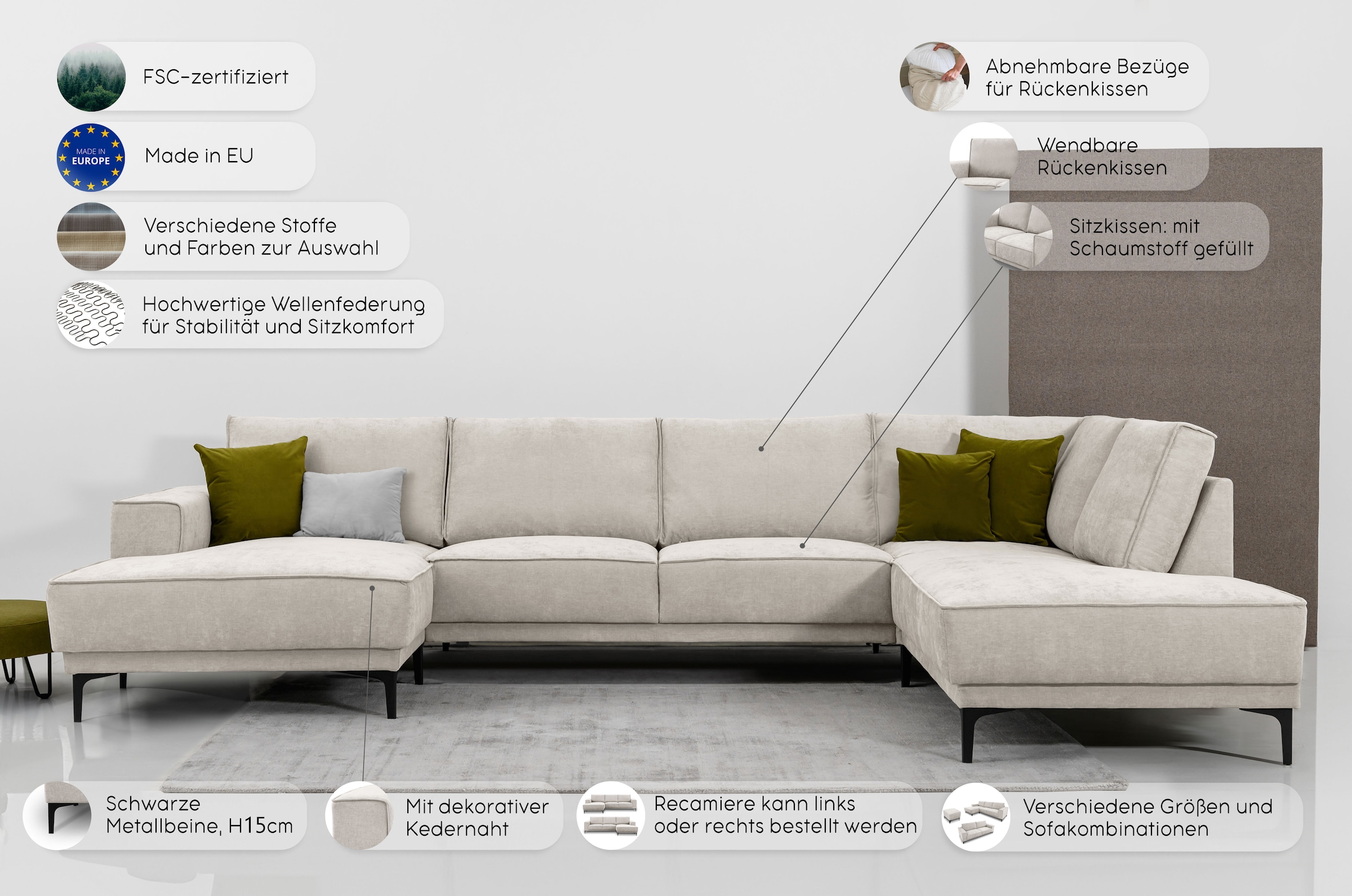 Places of Style Wohnlandschaft »XXL Sofa Oland, Struktur, Flachgewebe, Luxus-Microfaser, Boucle«, U-Form, 345 cm, Wellenunterfederung, Skandi-Design, Metallfüße