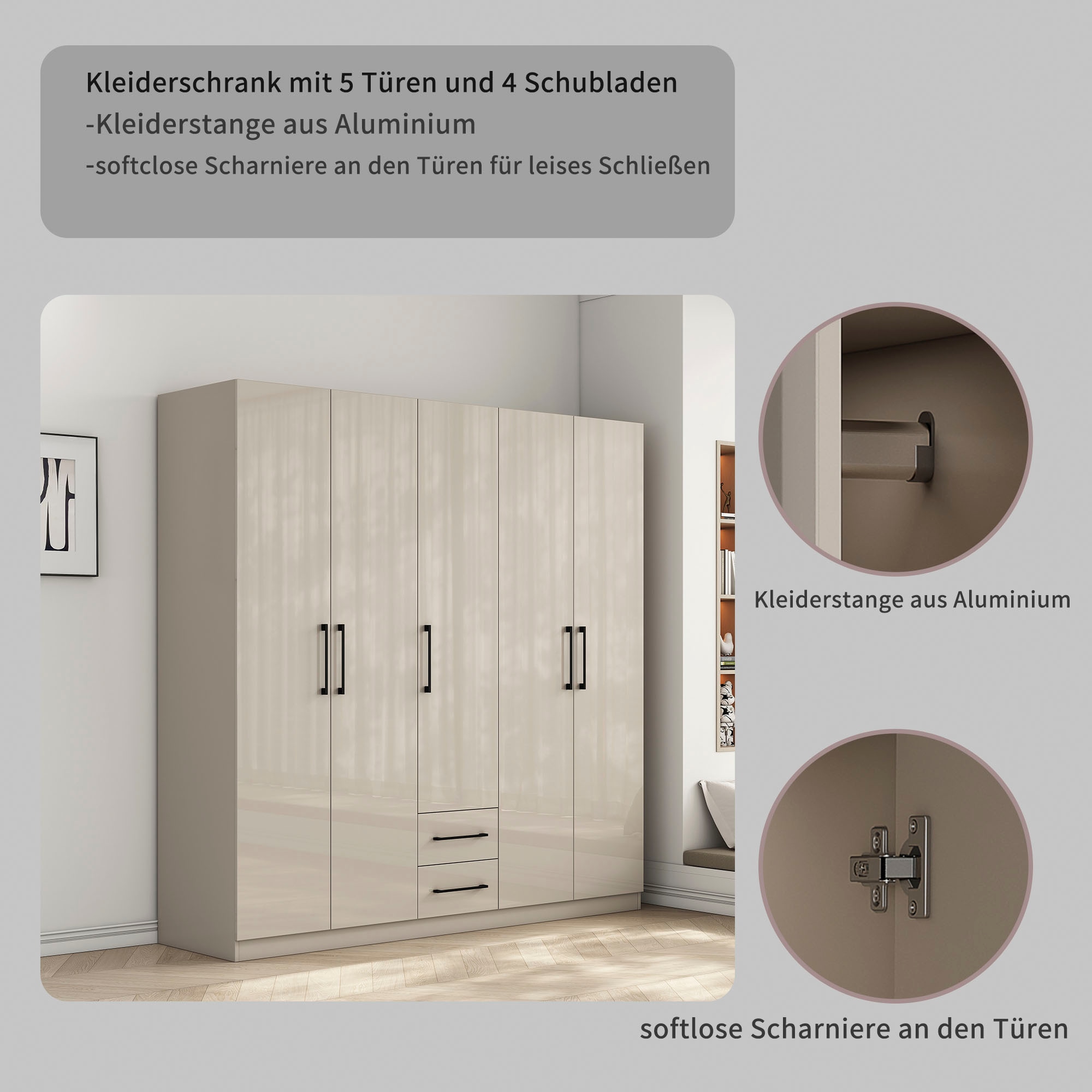 OTTO home Kleiderschrank »Sylt Schlafzimmerschrank Garderobe Schrank TOPSELLER in hochglanz weiß« 5 Türen, 2 Schubladen, schwarze moderne Griffe, 7 Einlegeböden,  Drehtürenschrank mit perfekter Innenausstattung, Breite 200cm