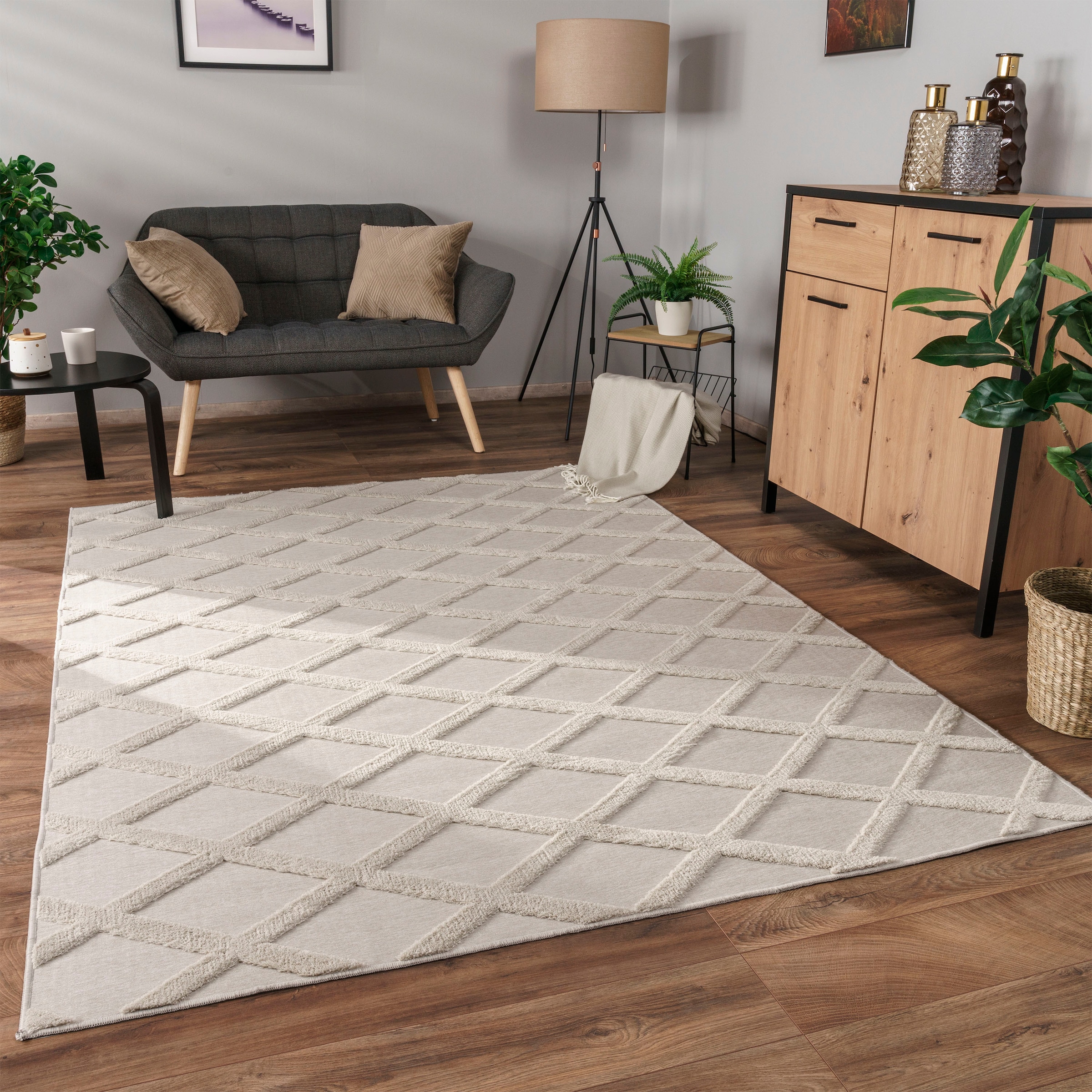 Paco Home Teppich »Utrecht 642«, rechteckig, 4 mm Höhe, Kurzflor, Uni Farben, 3D-Design, Rauten Muster, Hoch-Tief Effekt