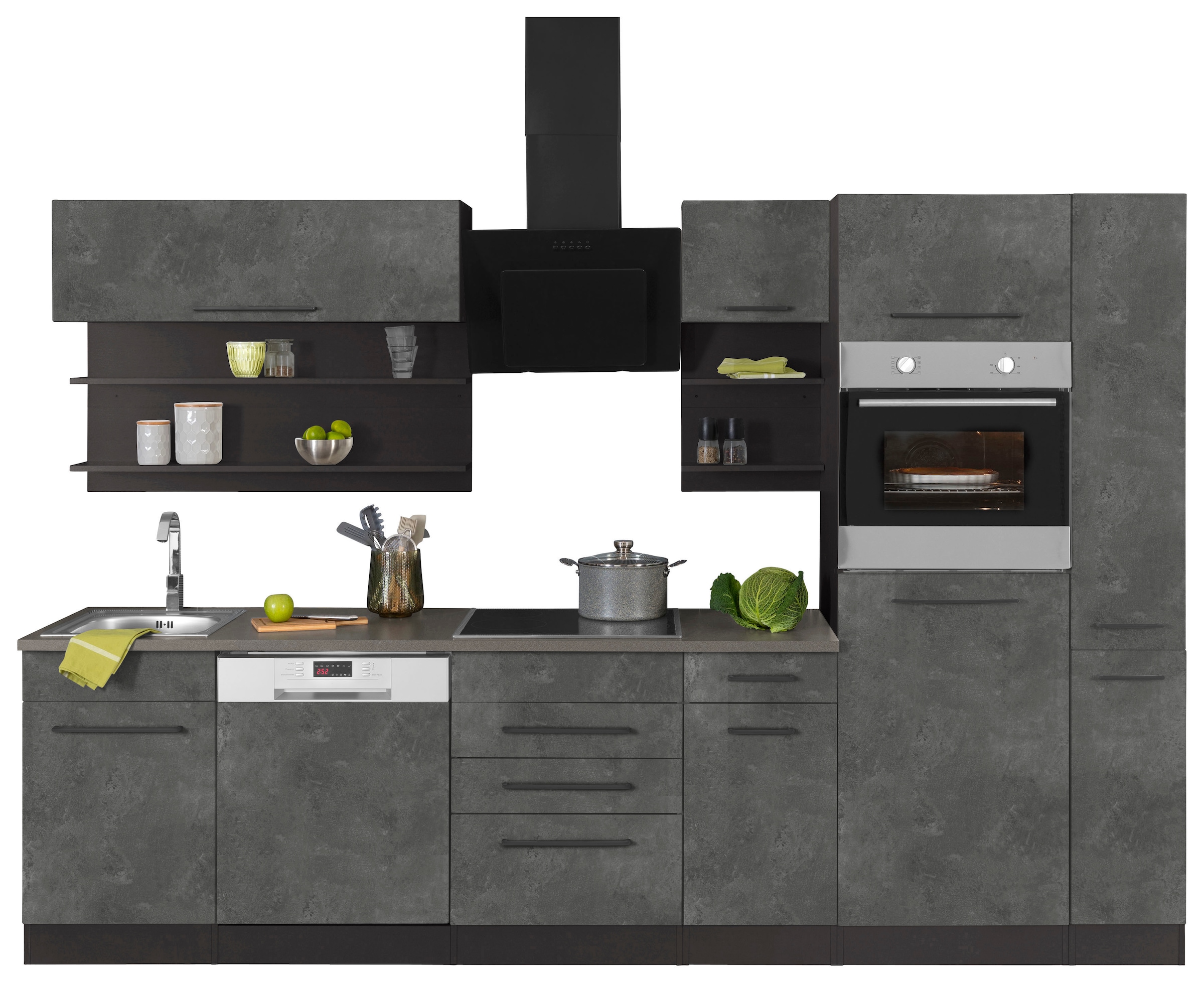 KOCHSTATION Küchenzeile »KS-Tulsa«, ohne E-Geräte, Breite 300 cm, schwarze Metallgriffe, MDF Fronten