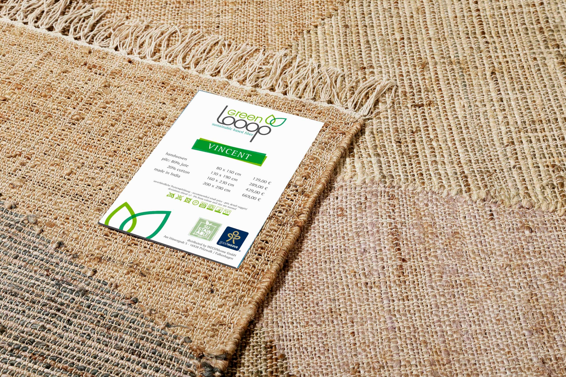 Green Looop Teppich »Vincent GL-82111«, rechteckig, 4 mm Höhe, Naturfaser Teppich aus 80% Jute 20% Baumwolle, mit Fransen, Wohnzimmer