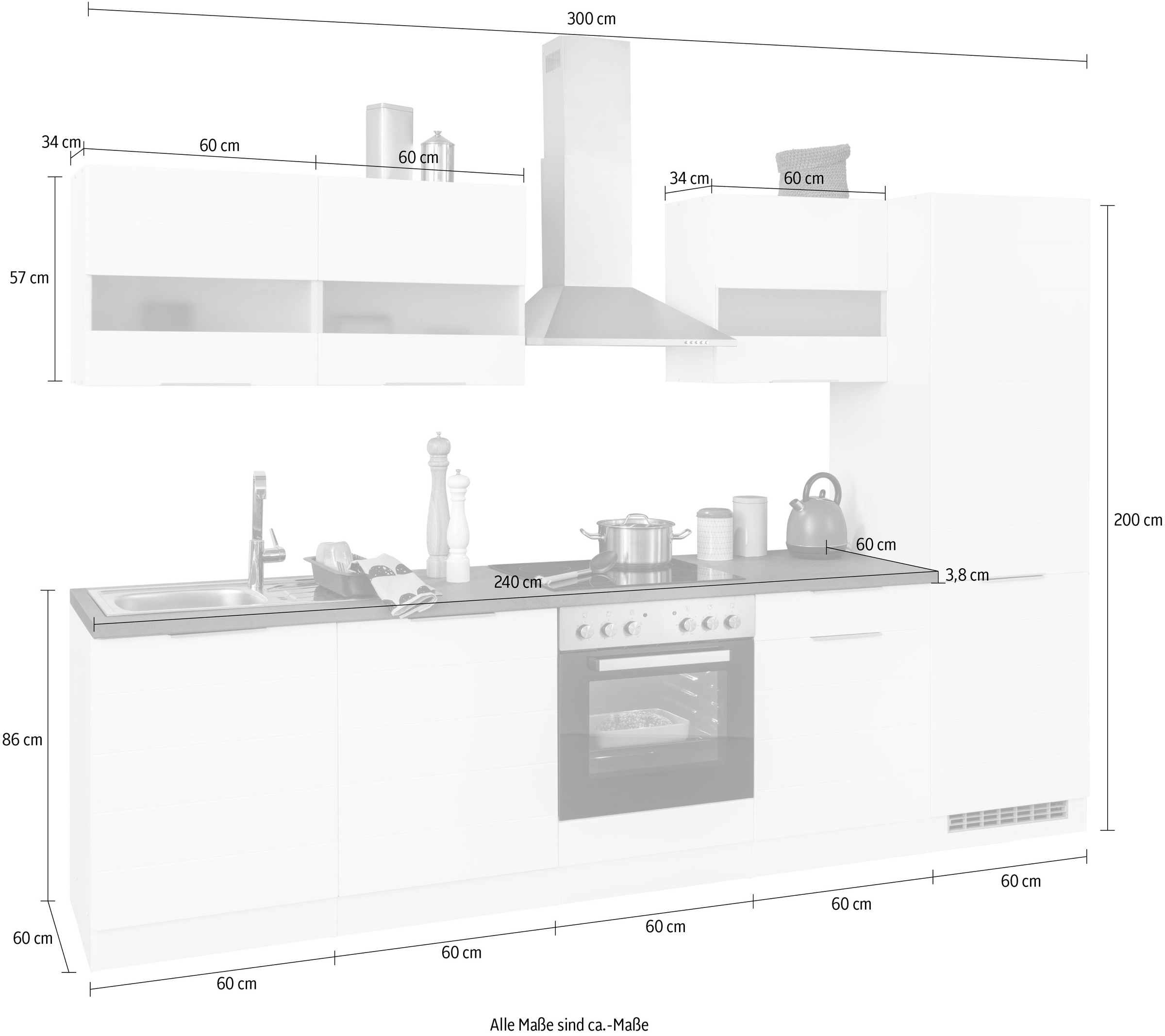 KOCHSTATION Küchenzeile »KS-Luhe« 300 cm breit, wahlweise mit oder ohne E-Geräten, gefräste MDF-Fronten