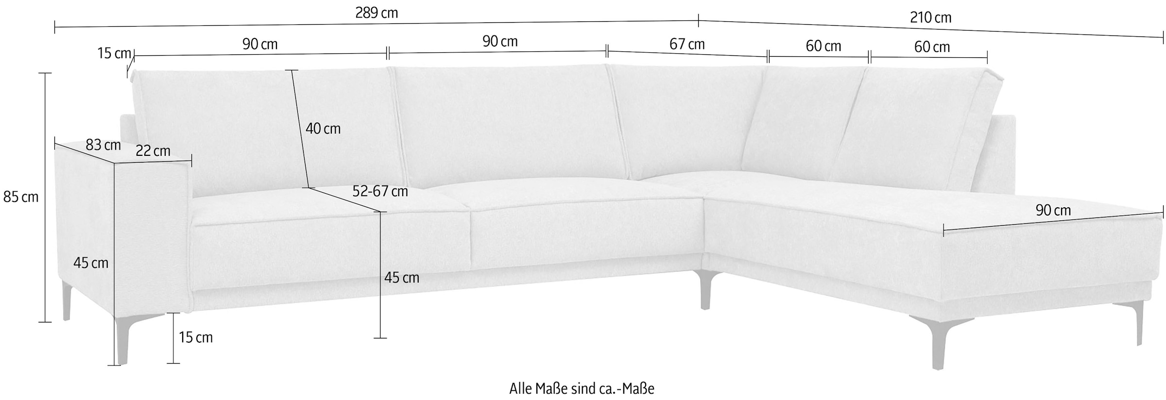 Places of Style Ecksofa »Polsterecke Oland, Struktur, Flachgewebe, Luxus-Microfaser, Boucle«, L-Form, 289 cm, Wellenunterfederung, Skandi-Design, Metallfüße