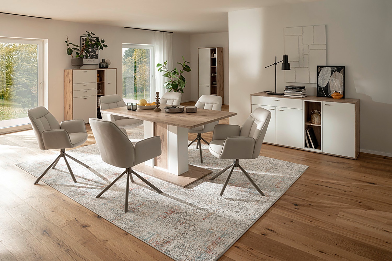 MCA furniture Säulen-Esstisch »SANTERNO Esstisch mit Bodenplatte«, Tisch, Soft White/Viking Oak, mit Säule, belastbar 50kg, Breite 160 cm