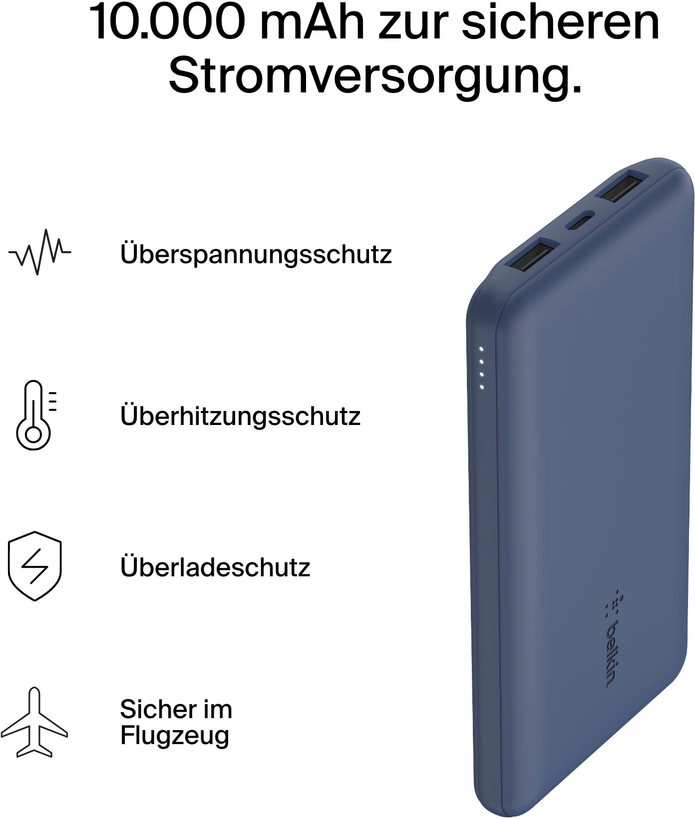 Belkin Powerbank »BoostCharge 10.000mAh Powerbank 15 Watt zum Laden von 3 Geräten«, 10000 mAh, 1x USB-C, 2x USB-A, Power für bis zu 40 Stunden