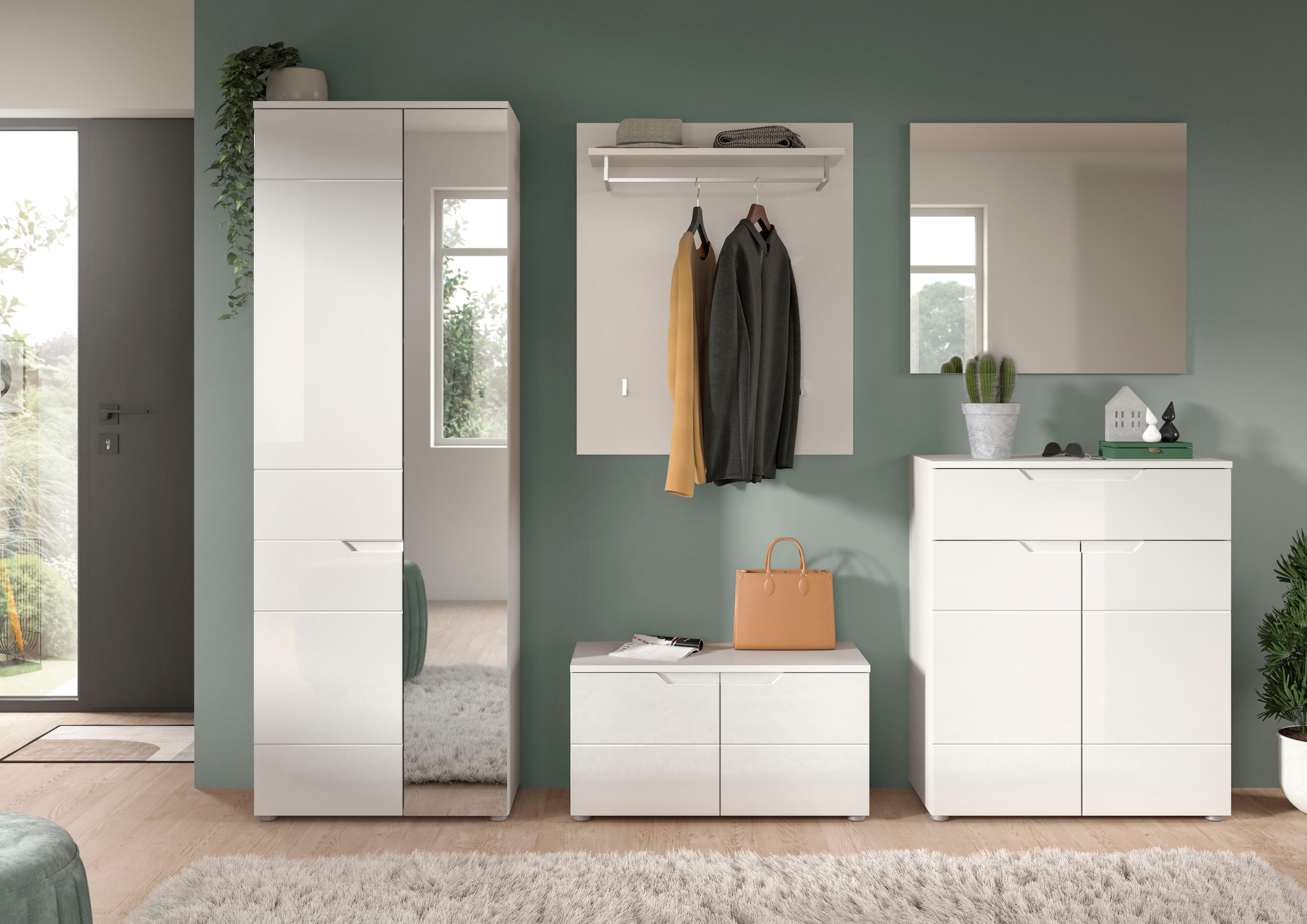 INOSIGN Garderoben-Set »CAPRI, 5-teilig, mit eingefasster Griffmulde, bestehend aus:«, (5 St.), Garderobenschrank, Sitzbank, Garderobenpaneel, Schuhkommode, Spiegel
