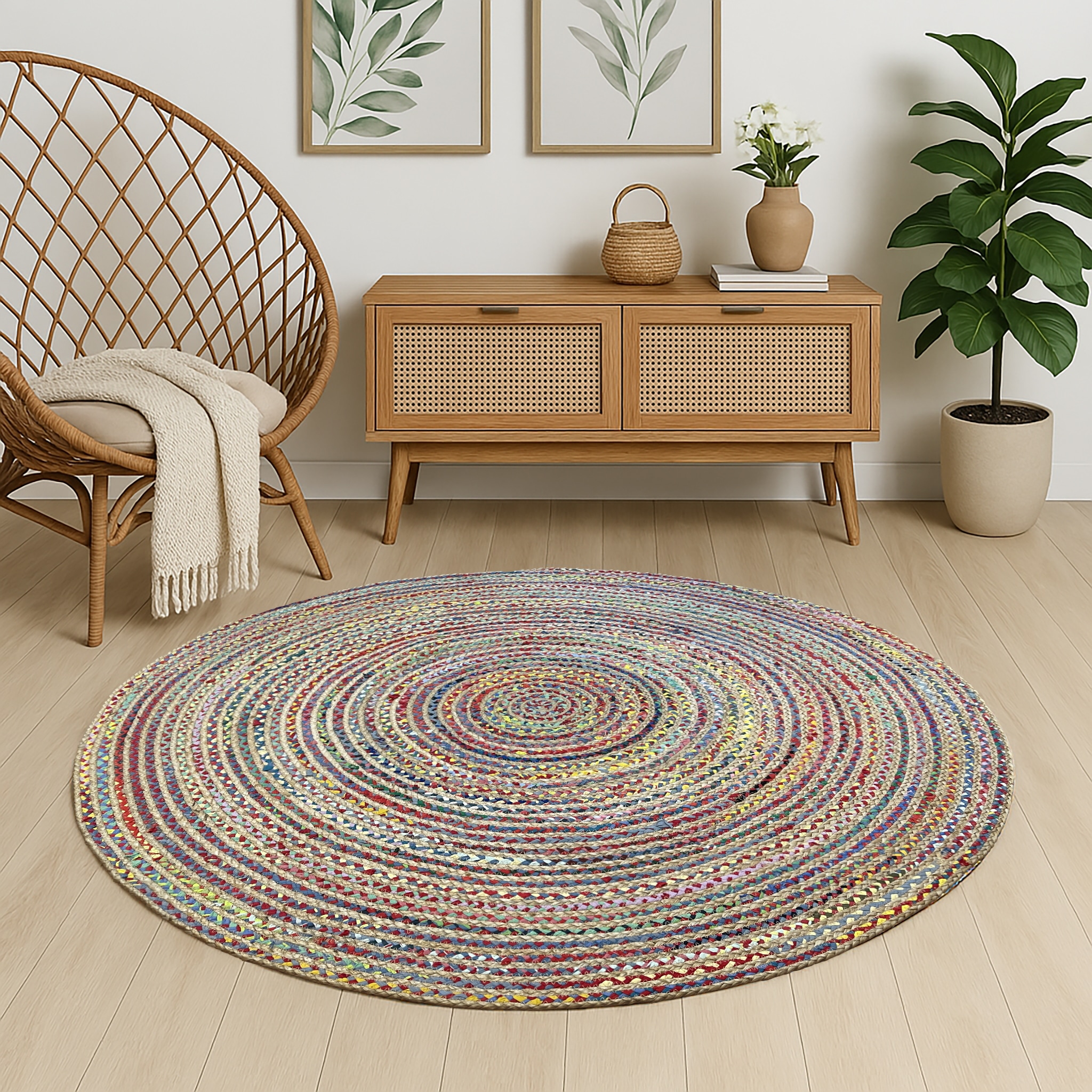 Myflair Möbel & Accessoires Teppich »Boho Breeze«, rund, 10 mm Höhe, Juteteppich, handgeflochten, Wendeteppich, farbige Baumwoll-Akzente
