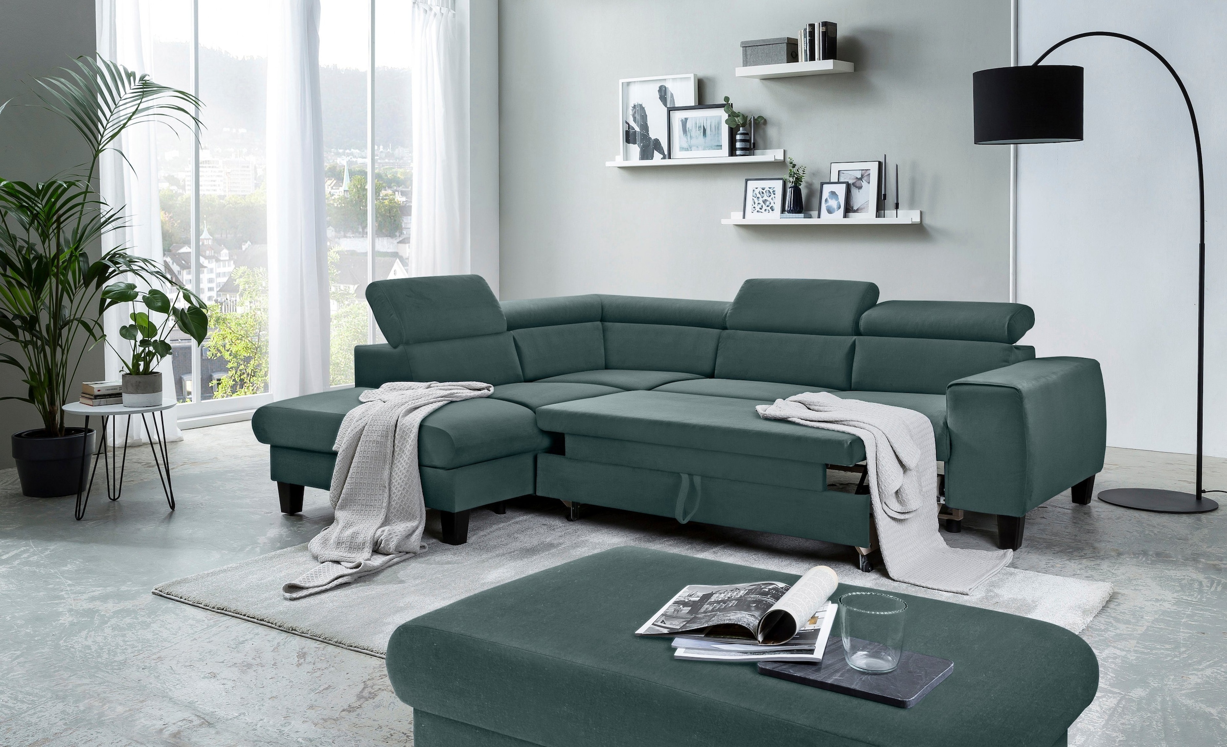 COTTA Polstergarnitur »Morven L-Form«, (Set), Set bestehend aus: Ecksofa mit Kopfteilverstellung & Hocker