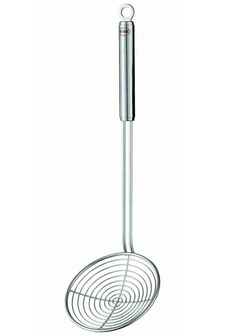 Rösle Seihlöffel Rundgriff mit Aufhängeöse in silberfarben, Größe Ø 14 cm - Länge: 40 cm