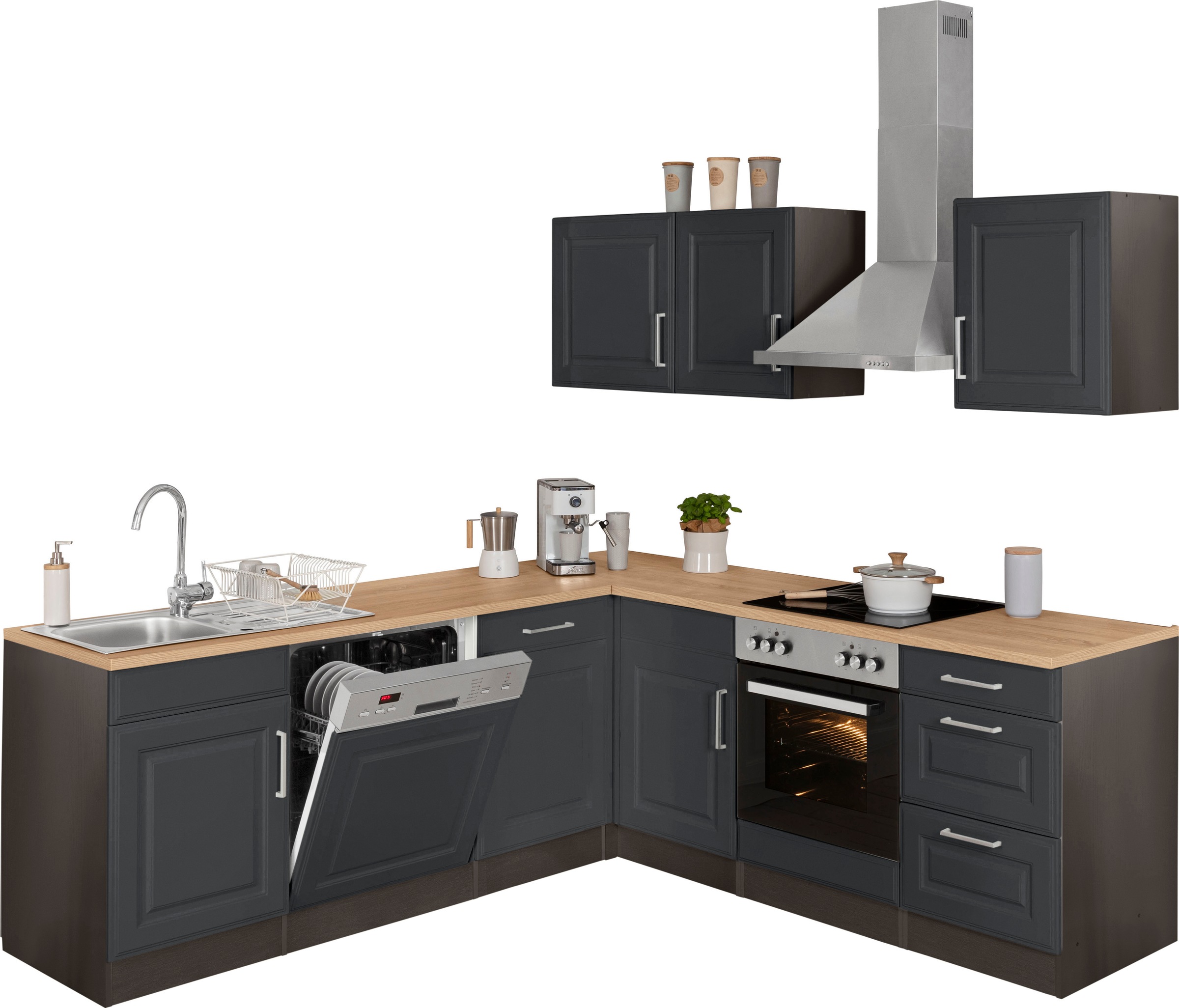 KOCHSTATION Winkelküche »KS-Stockholm«, Stellbreite 220/220 cm, mit hochwertigen MDF Fronten im Landhaus-Stil