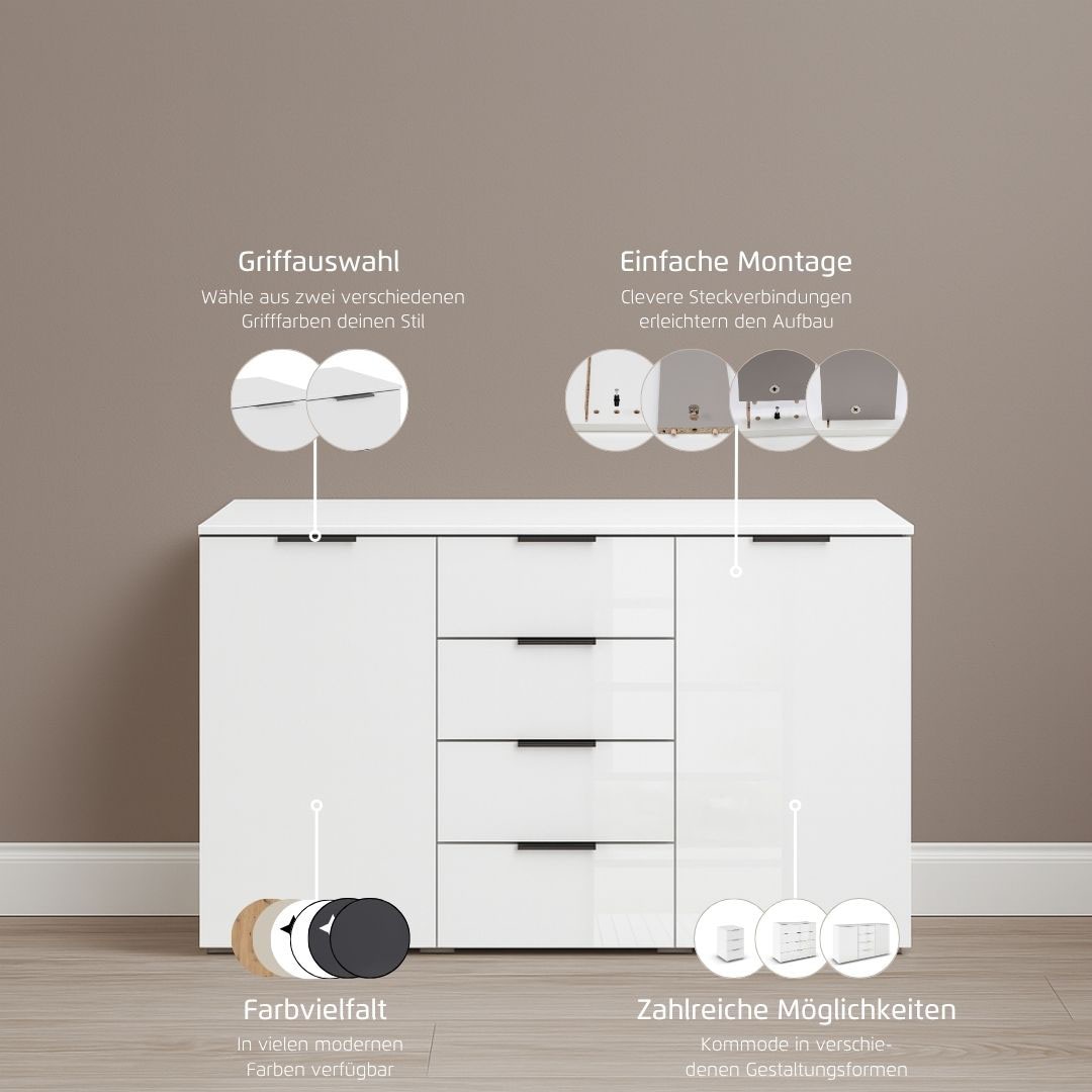 rauch Kombikommode »Sideboard Kombikommode Schubladenkommode AGORDO mit Glasfront«, (in zwei Griff-Farben, Breite 120 cm), vier große Schubladen, mit insgesamt 4 Einlegeböden MADE IN GERMANY