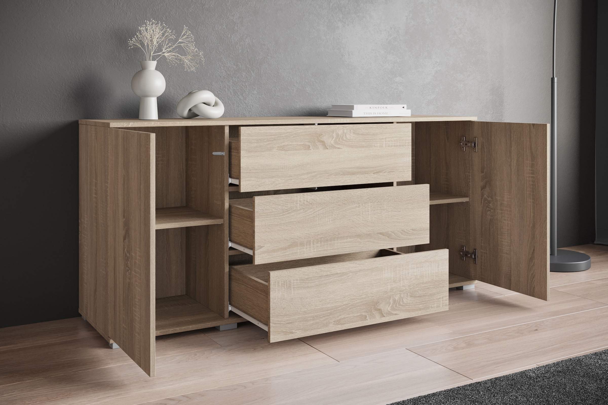 INOSIGN Sideboard »Kenia, Kommode für das Schlafzimmer/Wohnzimmer«, (1 St.), Modernes Sideboard mit 3 Schubladen und 4 Fächern, Breite 150 cm