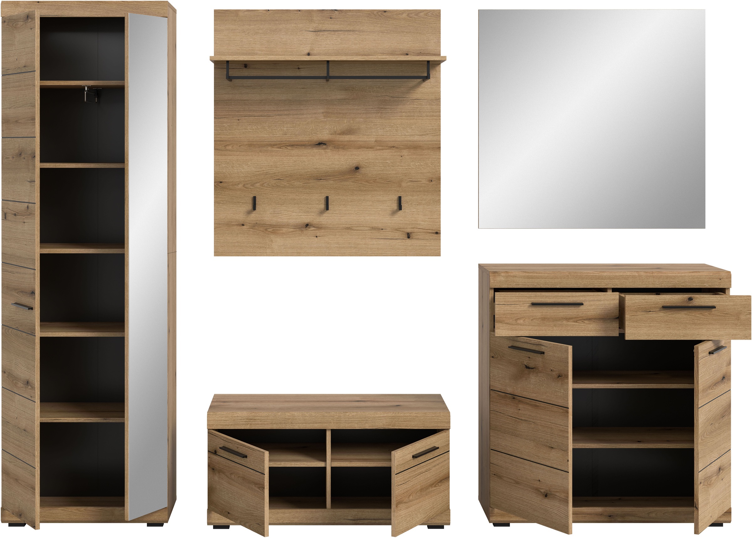 Home affaire Garderoben-Set »SIENA, Breite 272 cm, 5-teiliges Set, individuell stellbar« Komplett-Set, best.aus: Garderobenschrank, Sitzbank, Paneel, Schuhschrank & Spiegel, 5 Stk. tlg.