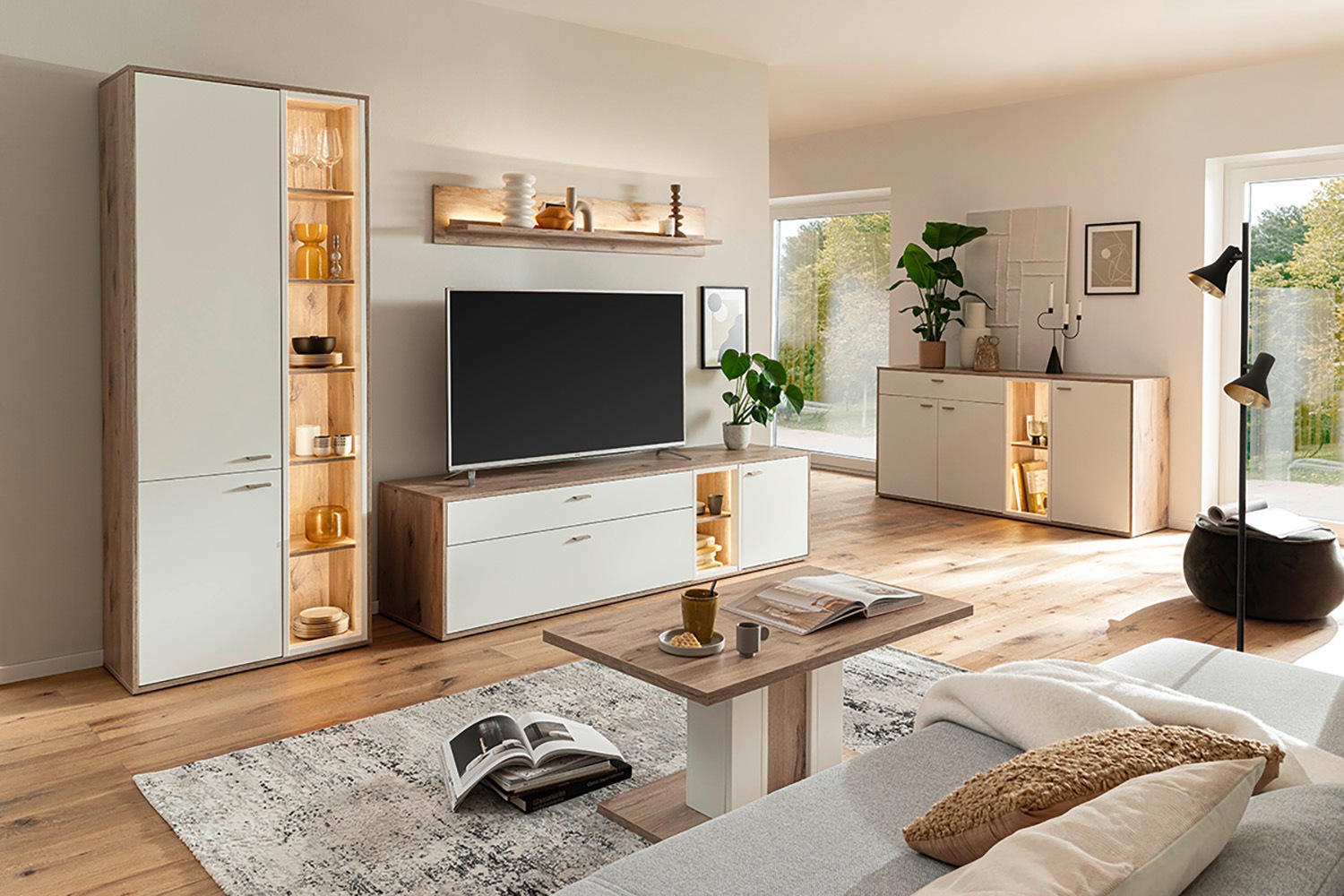 MCA furniture Couchtisch »SANTERNO Couchtisch mit Säule«, (1 St.), Tisch, Soft White/Viking Oak, mit Säule, belastbar 50kg, Breite 95 cm