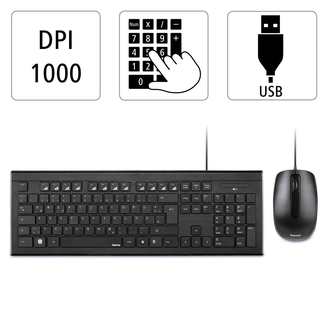 Hama Tastatur- und Maus-Set »Tastatur-/Maus-Set Cortino kabelgebunden Schwarz USB-A-Stecker«