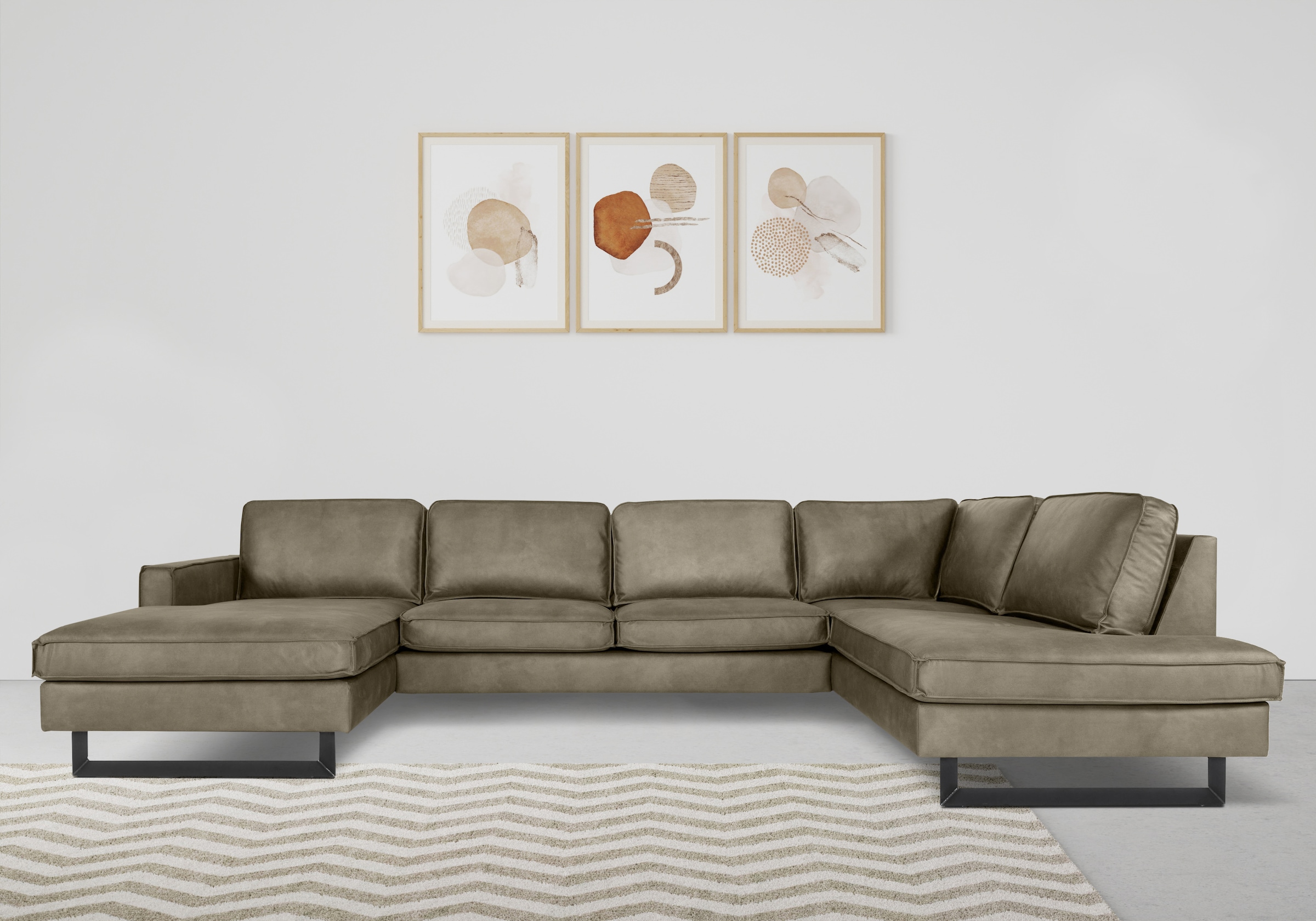 Places of Style Wohnlandschaft »Pinto, 350 cm, U-Form, XXL, mit Ottomanen«, Cord, Chenille, Lederoptik, mit Keder, Metallfüße, Wellenunterfederung