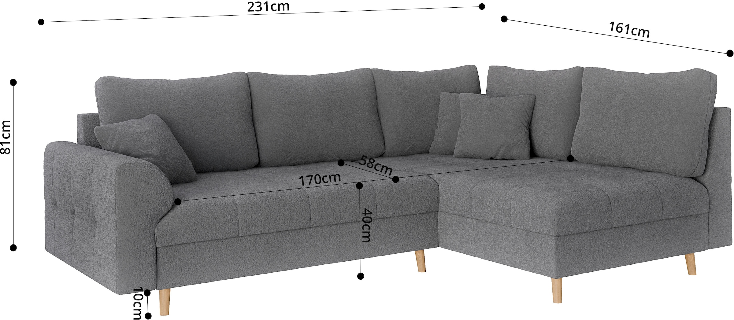 Home affaire Ecksofa »CHARRE L-Form mit Ottomane, Maße B/T/H: 231/161/81 cm«, feine Steppung, lose Rücken- und Zierkissen, auch in Cord und Bouclé