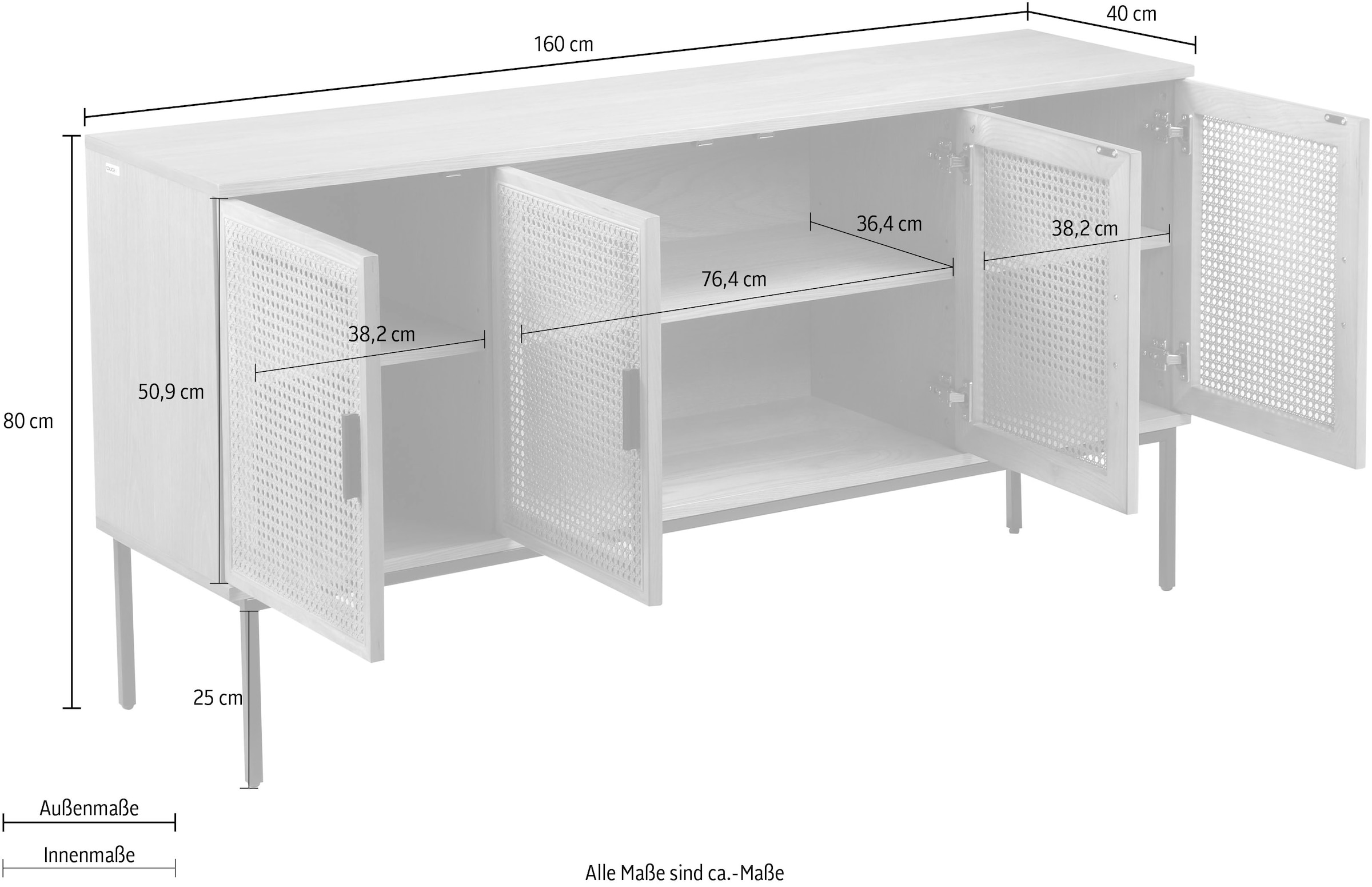 COUCH♥ Sideboard »Feines Geflecht«, Mit Rattan-Geflecht Einsatz, 4-türig