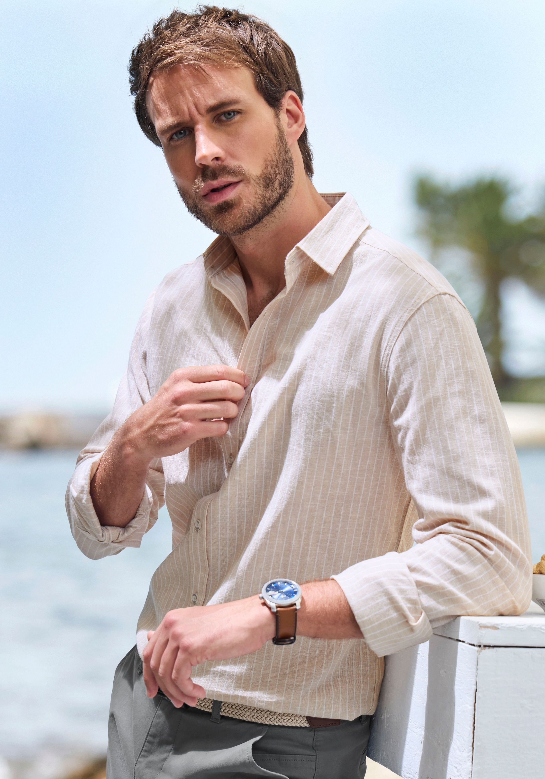 John Devin Langarmhemd »in Leinenoptik,«, Streifenhemd aus reiner Baumwolle, regular-fit
