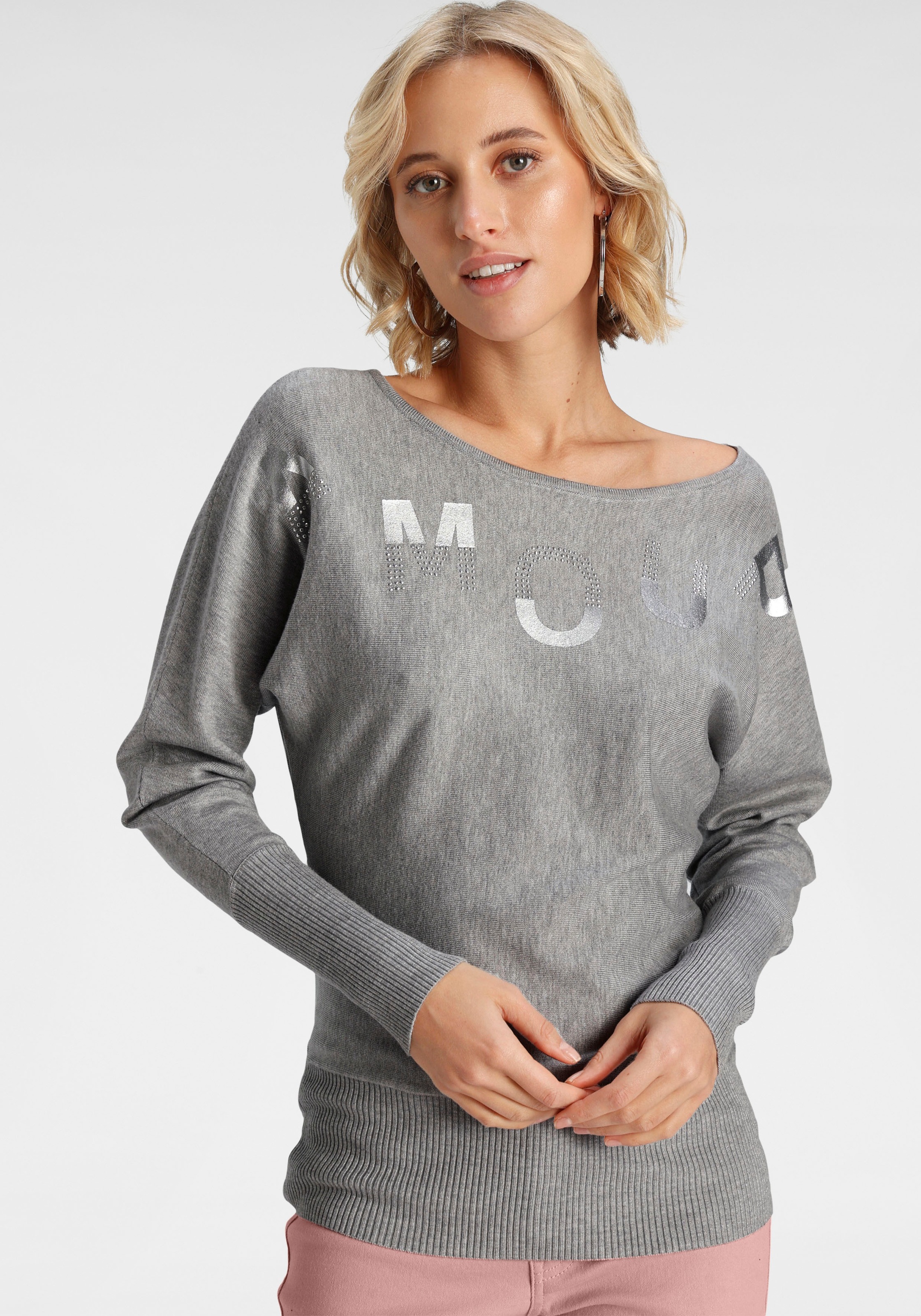 Melrose Fledermauspullover »AMOUR«, mit Glitzersteinen und Folienprint