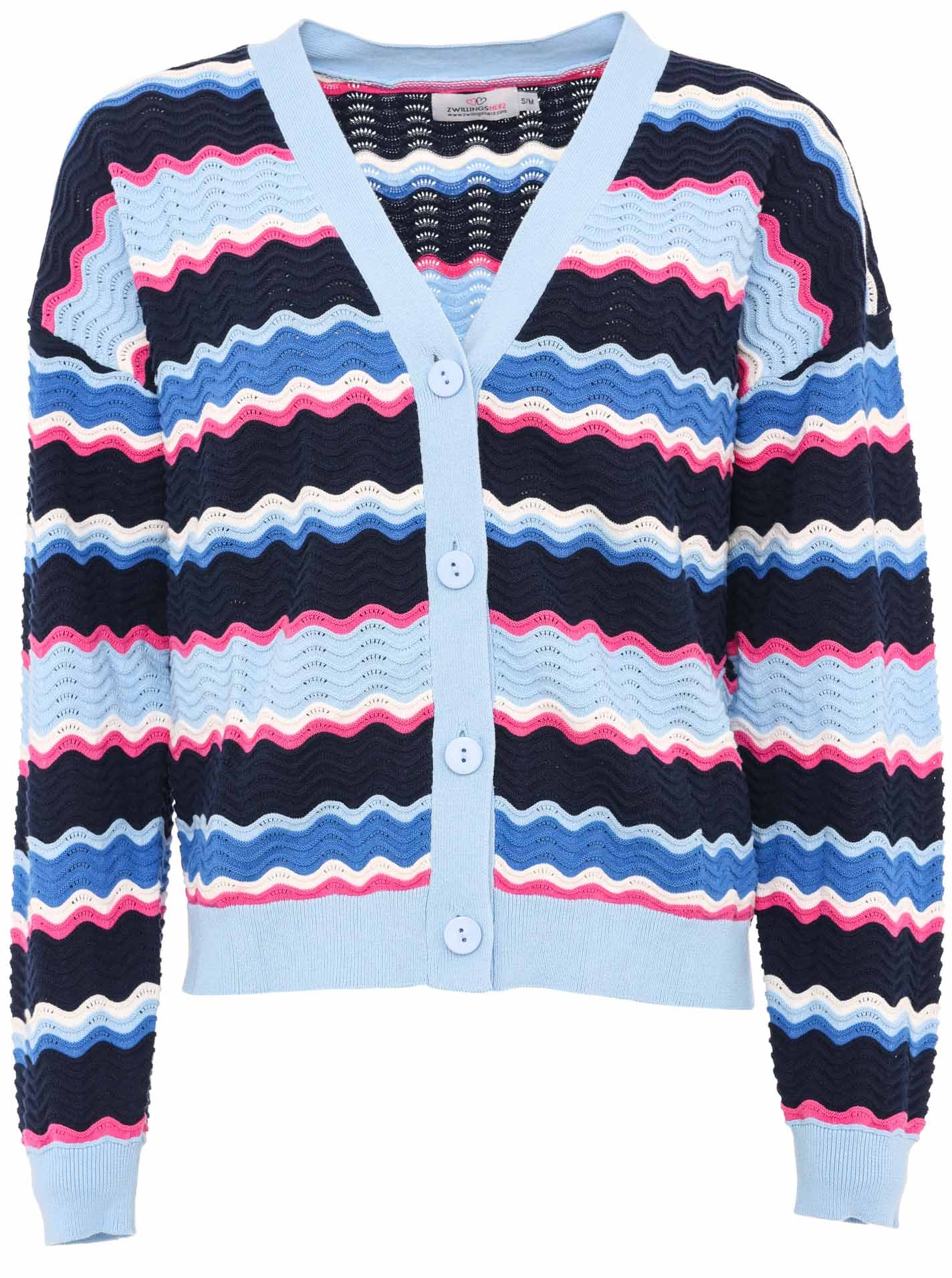 Zwillingsherz Strickjacke, Wellen-Muster, Langarm, V-Ausschnitt, Baumwolle, Knöpfe
