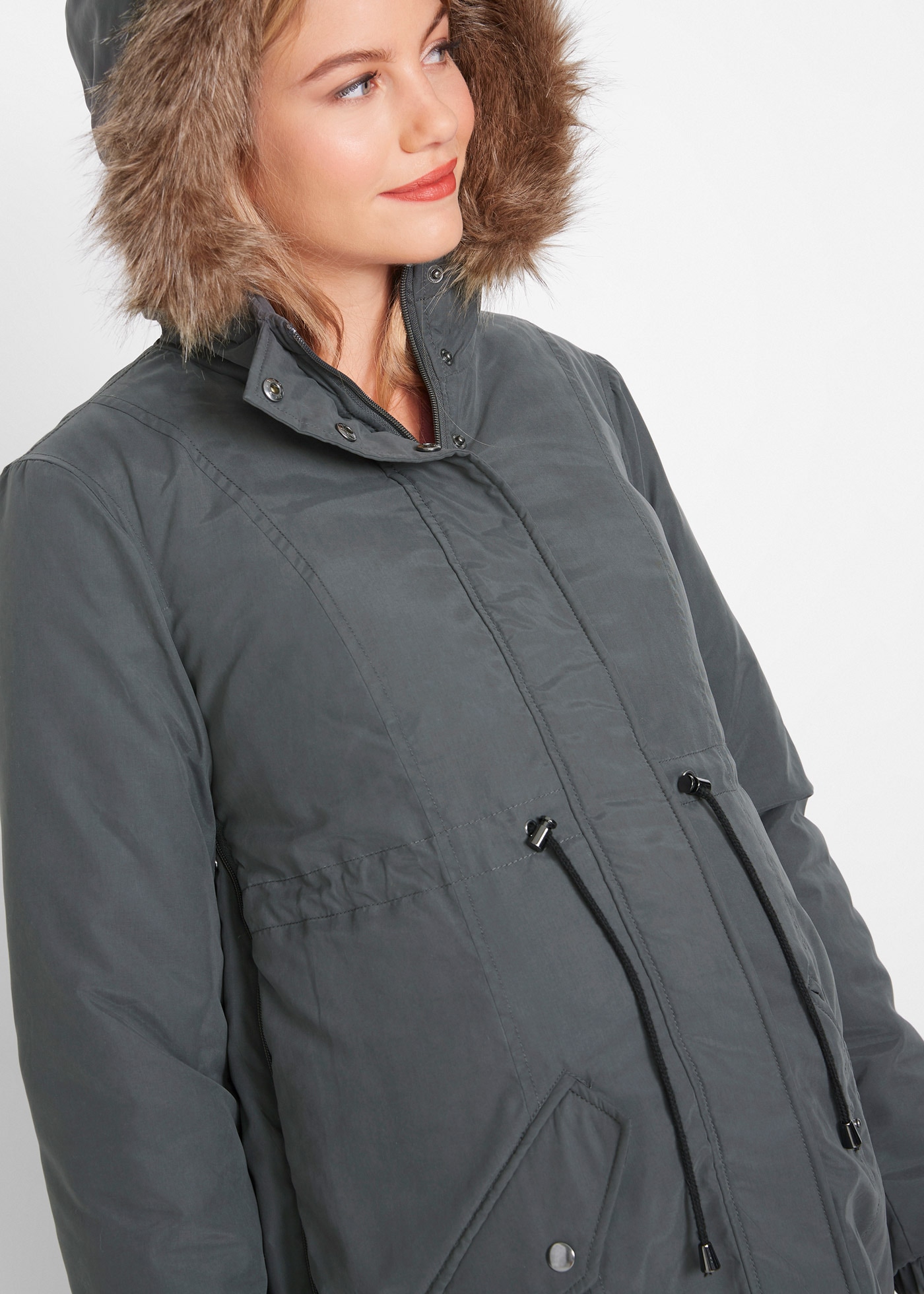 bonprix Umstandsjacke mit Kapuze mit seitlichen Reißverschlüssen zur Weitenregulierung, mit 2-Wege-Zip