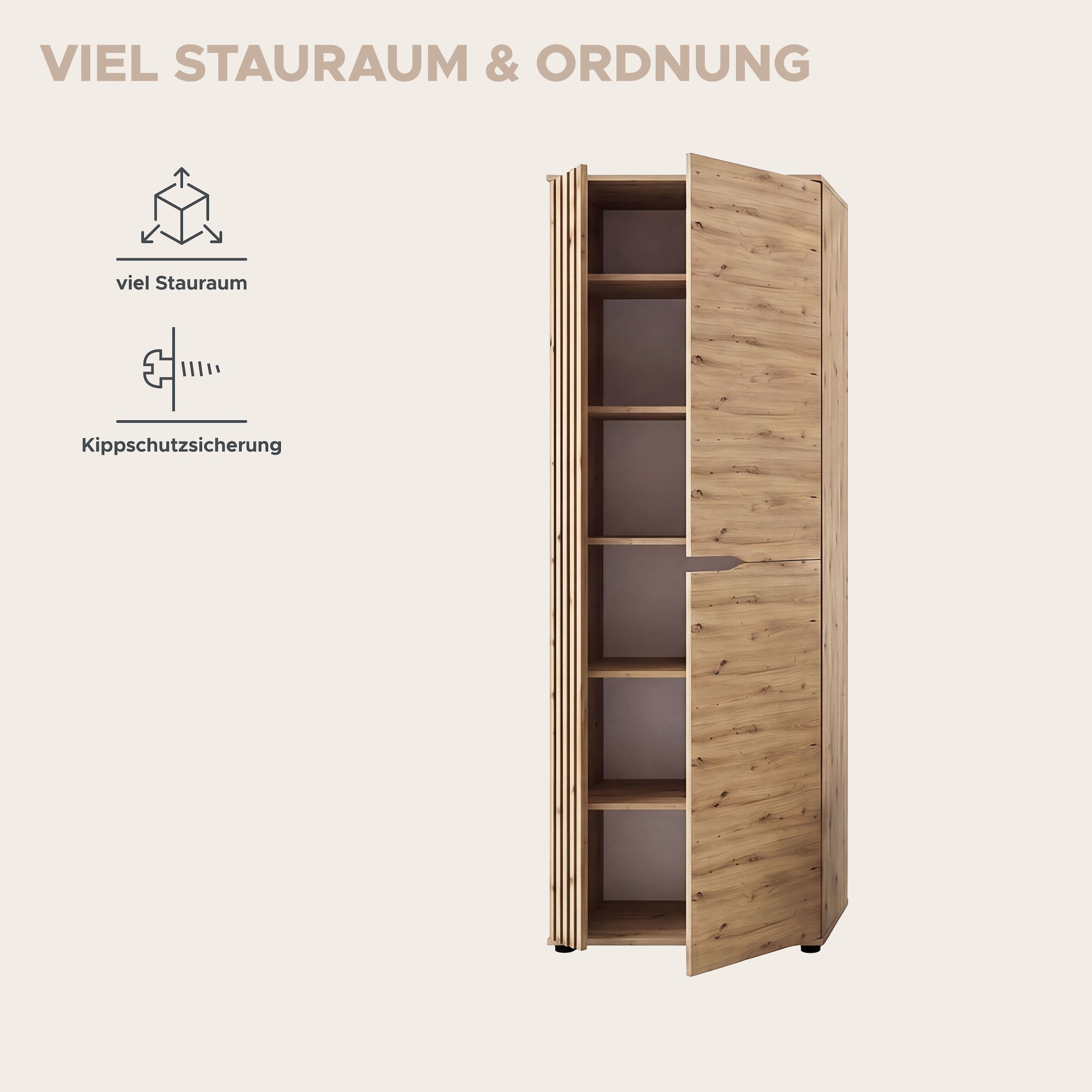 OTTO home Garderobenschrank »FJELL, Breite 65cm, 2 Türen, 4 Einlegeböden, 6 Fächer, 1 Kleiderstange« Kleiderschrank, Schrank, Dielenschrank, Flurschrank, Mehrzweckschrank
