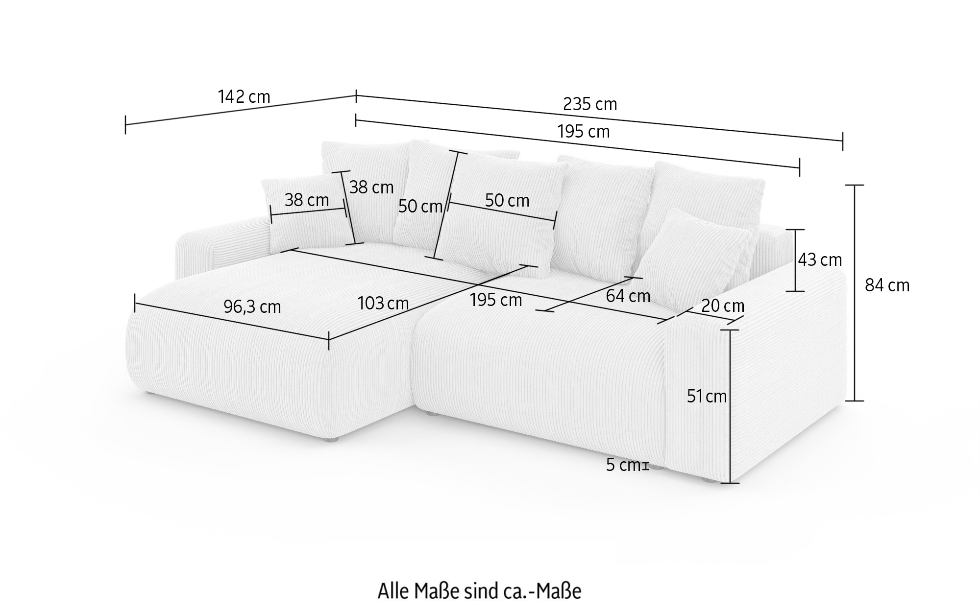 Home affaire Ecksofa »LAKESIDE klein mit Bettfunktion und Bettkasten, B/T/H 235/142/84 cm«, L-Form, Recamiere beidseitig montierbar, mit Wellenunterfederung