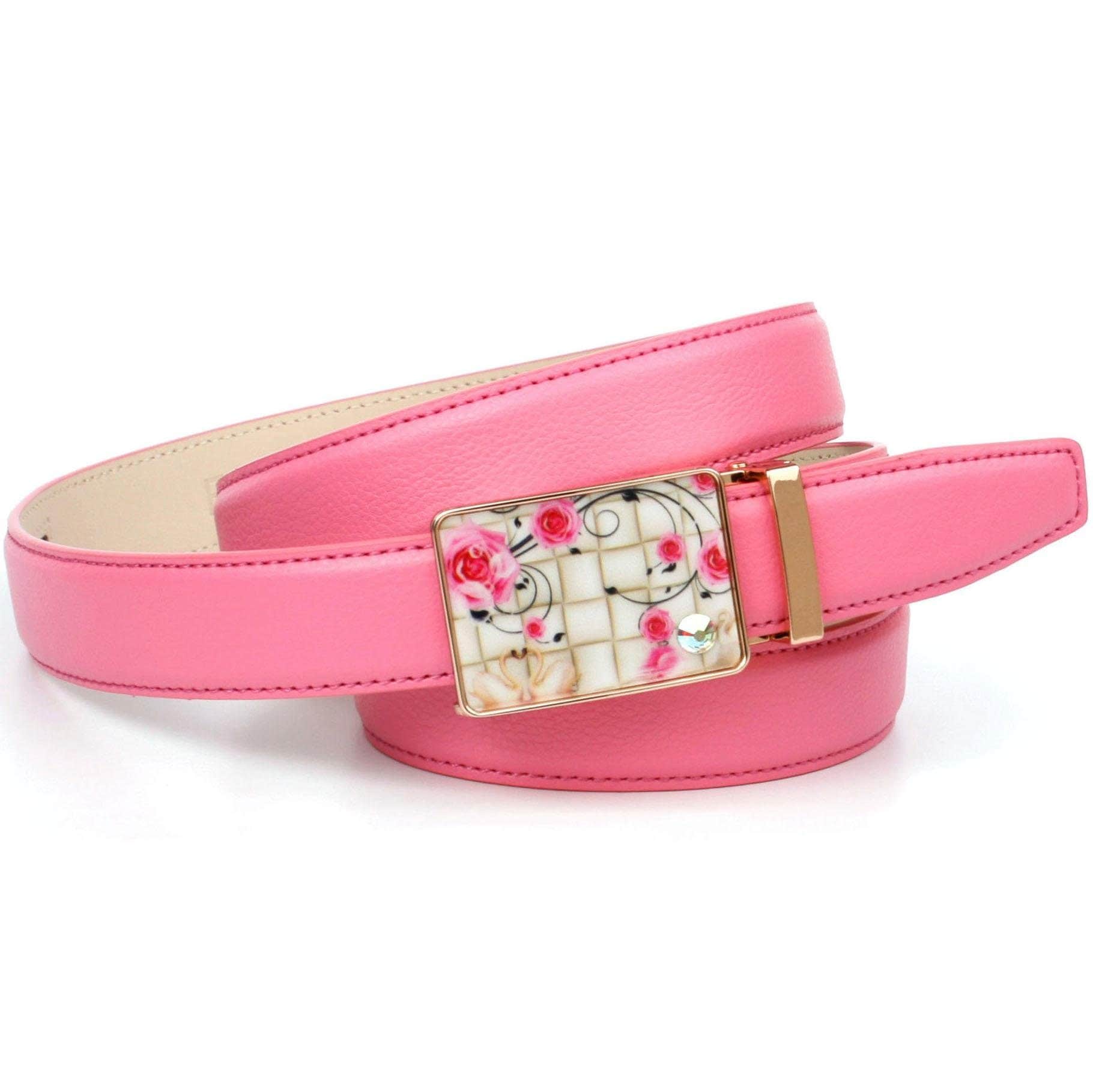 Anthoni Crown Damen Ledergürtel mit Glaskristallen besetzter Schließe in rosa, Größe 75