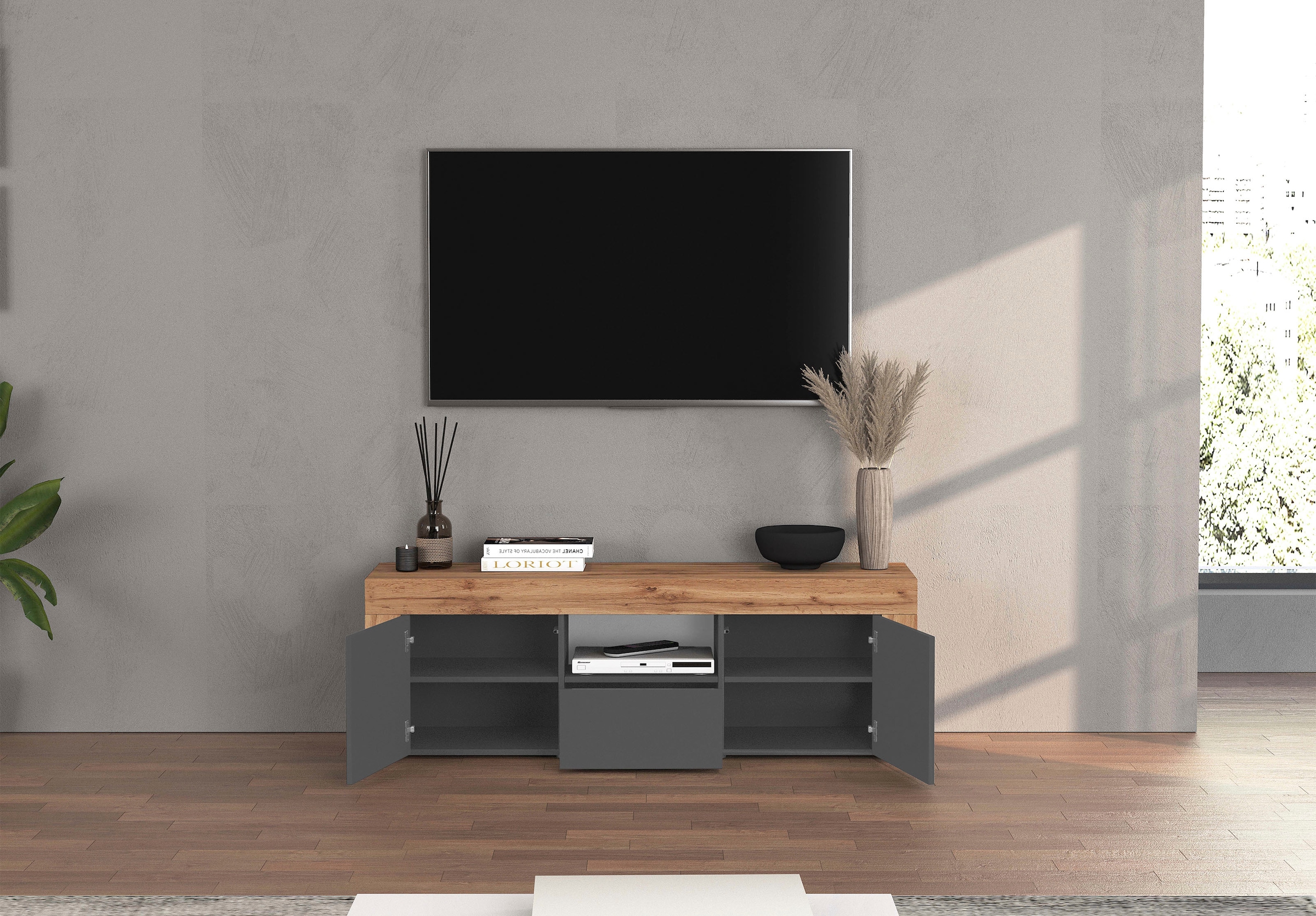 OTTO home Lowboard »CHRONOS Breite 155 cm mit 2 Türen, 1 Schublade,1 offenes Fach« 1 Stk. tlg. TV-Board, Sideboard niedrig, Grifflos mit Push to Open 'Made in Italy'