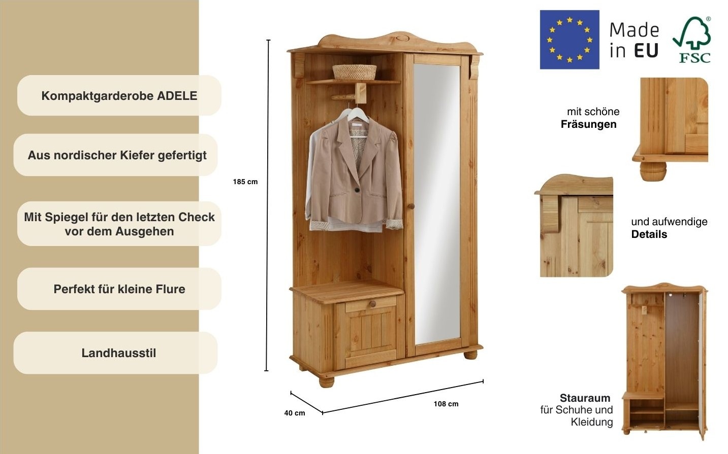 Home affaire Kompaktgarderobe »Adele«, Breite 108 cm, mit Spiegeltür, aus massiver Kiefer, FSC®