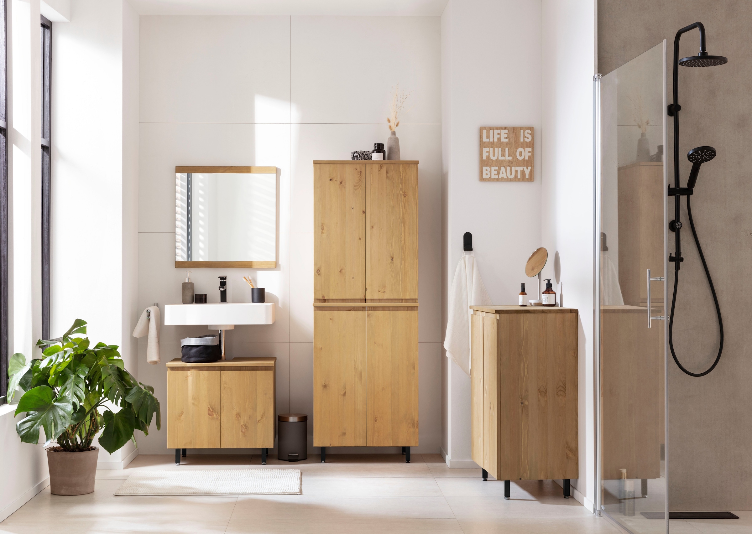 OTTO products Waschbeckenunterschrank »Fjonn«, Kiefer, Breite 60 cm, Massivholz mit pflanzlichem Bio Öl behandelt