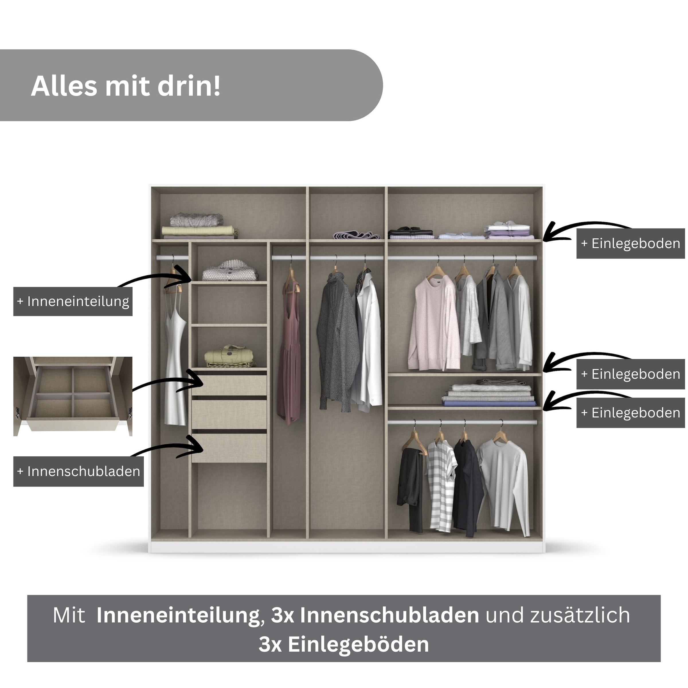rauch Drehtürenschrank »Kleiderschrank Schrank Garderobe TOPSELLER OTELI inkl. Inneneinteilung«, mit 3 Innenschubladen extra Böden optional mit Spiegel MADE IN GERMANY