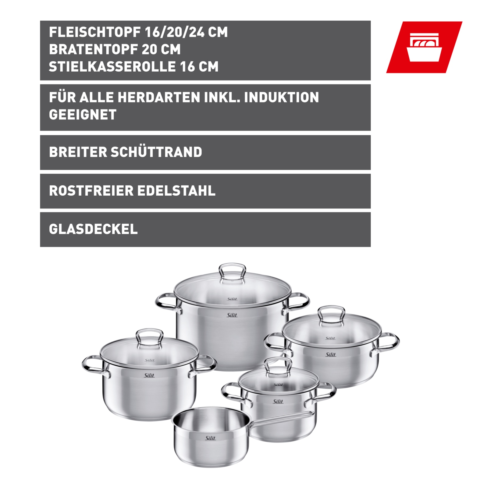 Silit Topf-Set »Toskana, teilmattiert, Induktions Töpfe Set unbeschichtet«, Edelstahl 18/10, (Set, 9 tlg., Bratentopf Ø 20 cm, Fleischtopf Ø 16/20/24 cm, Stielkasserolle Ø 16 cm), mit Glasdeckel, für alle Herdarten geeignet, ohne Innenskalierung