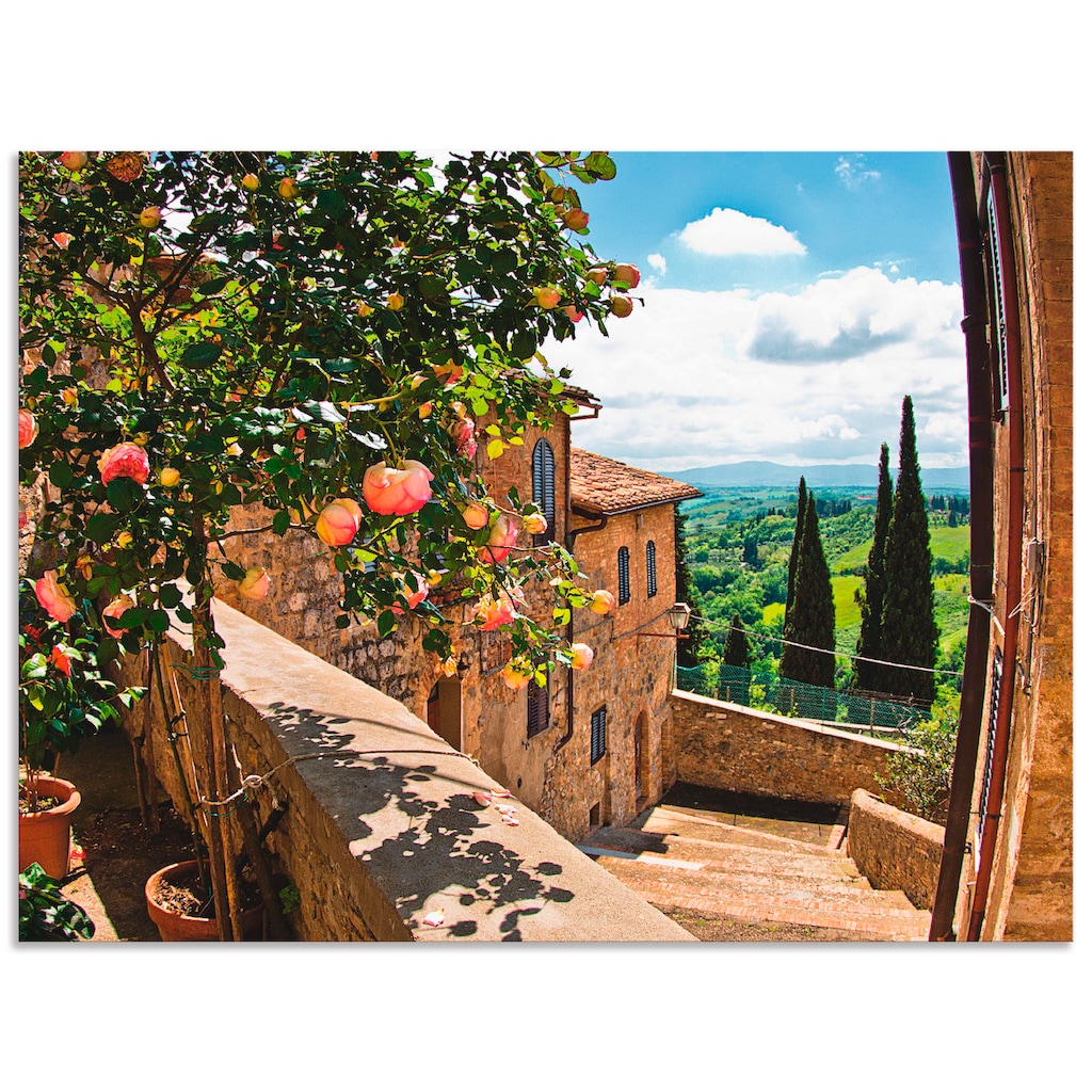 Artland Wandbild »Rosen auf Balkon Toskanalandschaft«, Garten, (1 St.)