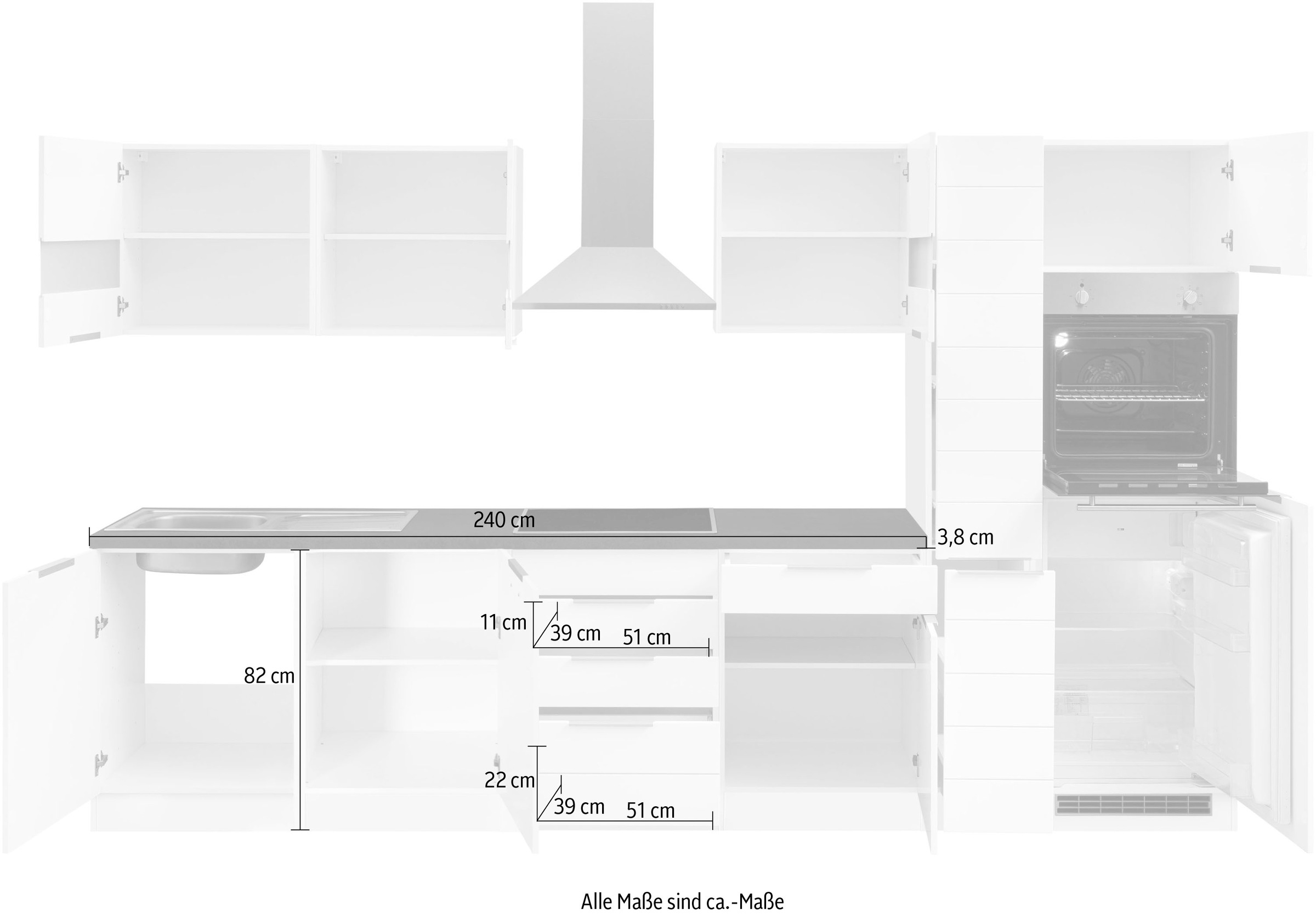 KOCHSTATION Küchenzeile »KS-Luhe« 330 cm breit, wahlweise mit oder ohne E-Geräten, gefräste MDF-Fronten