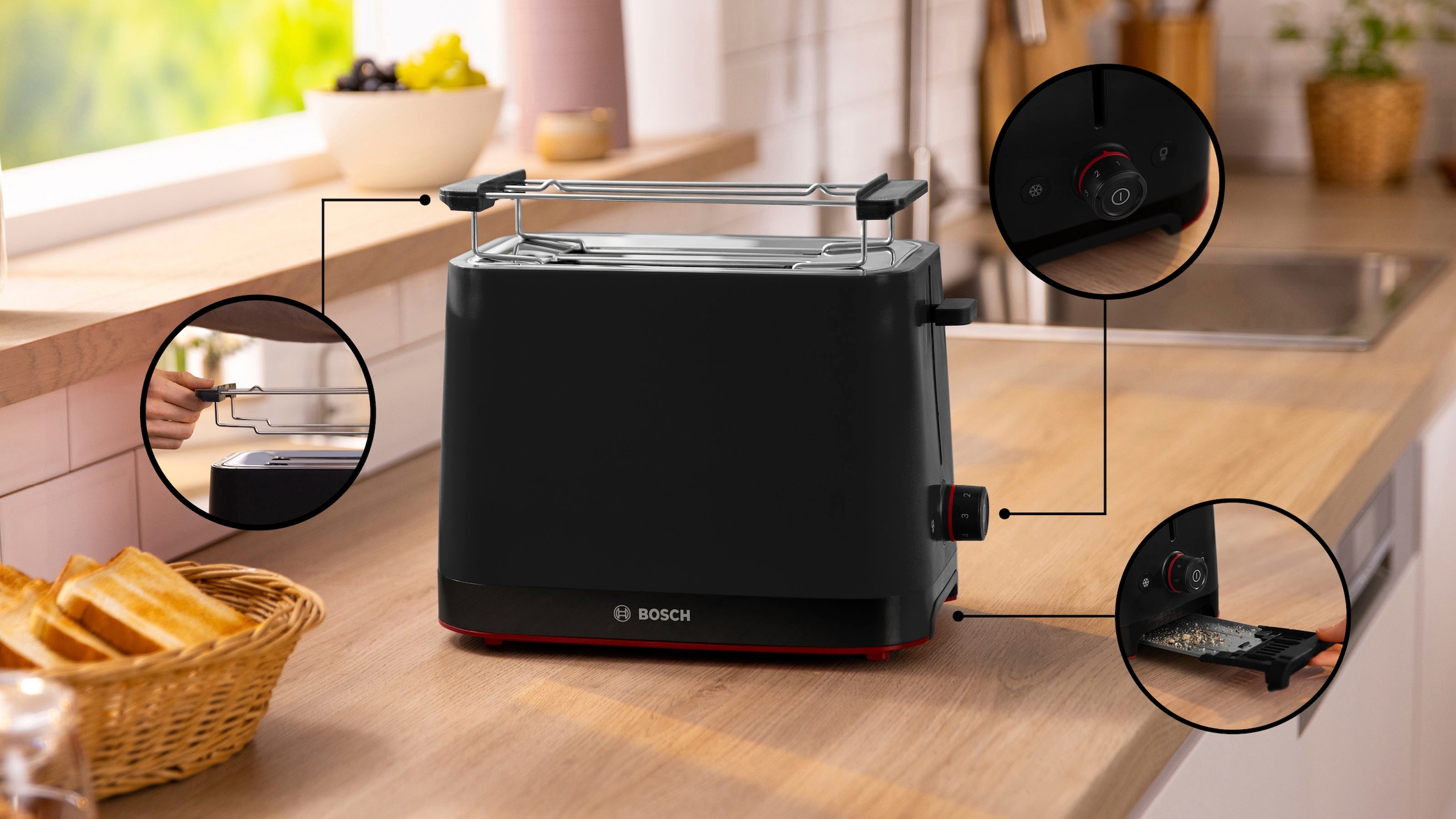 BOSCH Toaster »MyMoment TAT3M123«, 2 Schlitze, für 2 Scheiben, 950 W, entnehmbarer Brötchenaufsatz, Auftaufunktion, Brotzentrierung, AutoOff