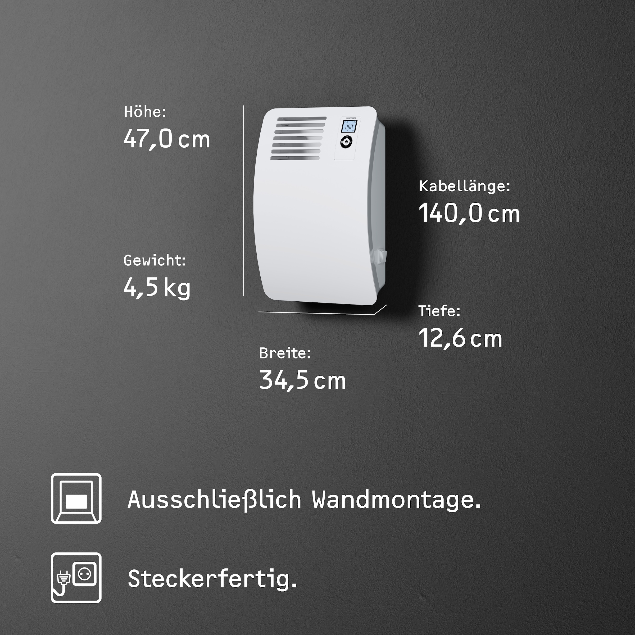 STIEBEL ELTRON Konvektor »»CON 5 Premium«, Wandkonvektor, energiesparend, VDE geprüft, 0,5 kW«, für ca. 6 m², LC-Display, Wochen-/120 Min-Kurzzeittimer, Silent Mode