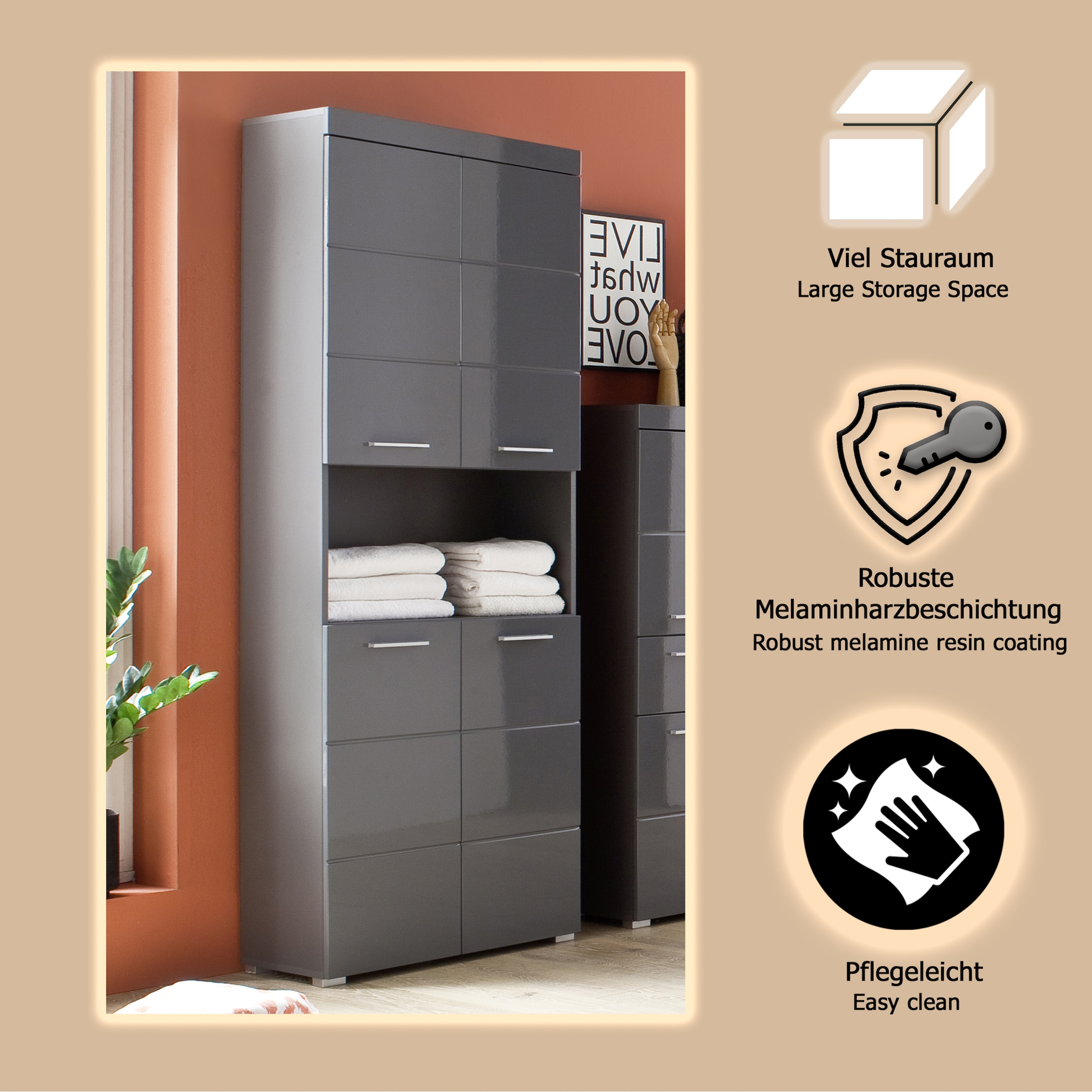 welltime Hochschrank »Avena« Badschrank 4-türig mit o. Fach und 4 Einlegeböden - B/T/H 73/31/190 cm