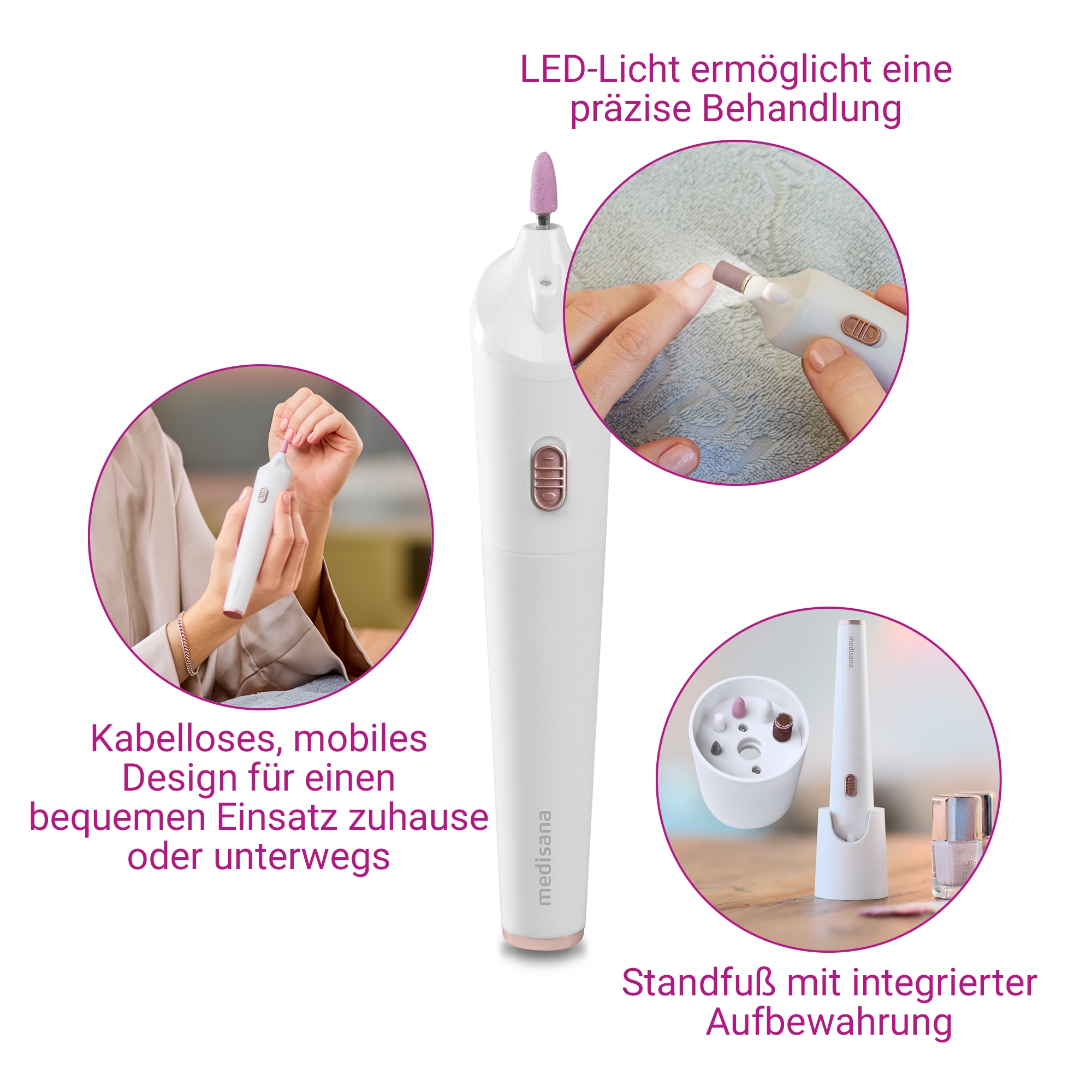 Medisana Maniküre-Pediküre-Set »MP 900«, (5 tlg.), 5 Aufsätze, für Nägel, Nagelhaut und Hornhaut, batteriebetrieben