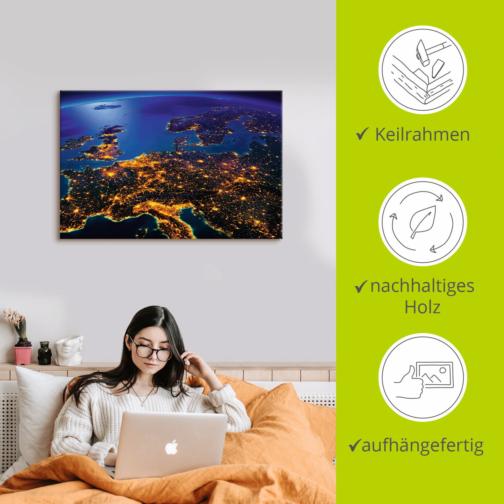 Artland Wandbild »Zentral Europa vom Weltraum«, Weltall & Kosmos, (1 St.), als Alubild, Outdoorbild, Leinwandbild, Poster, Wandaufkleber