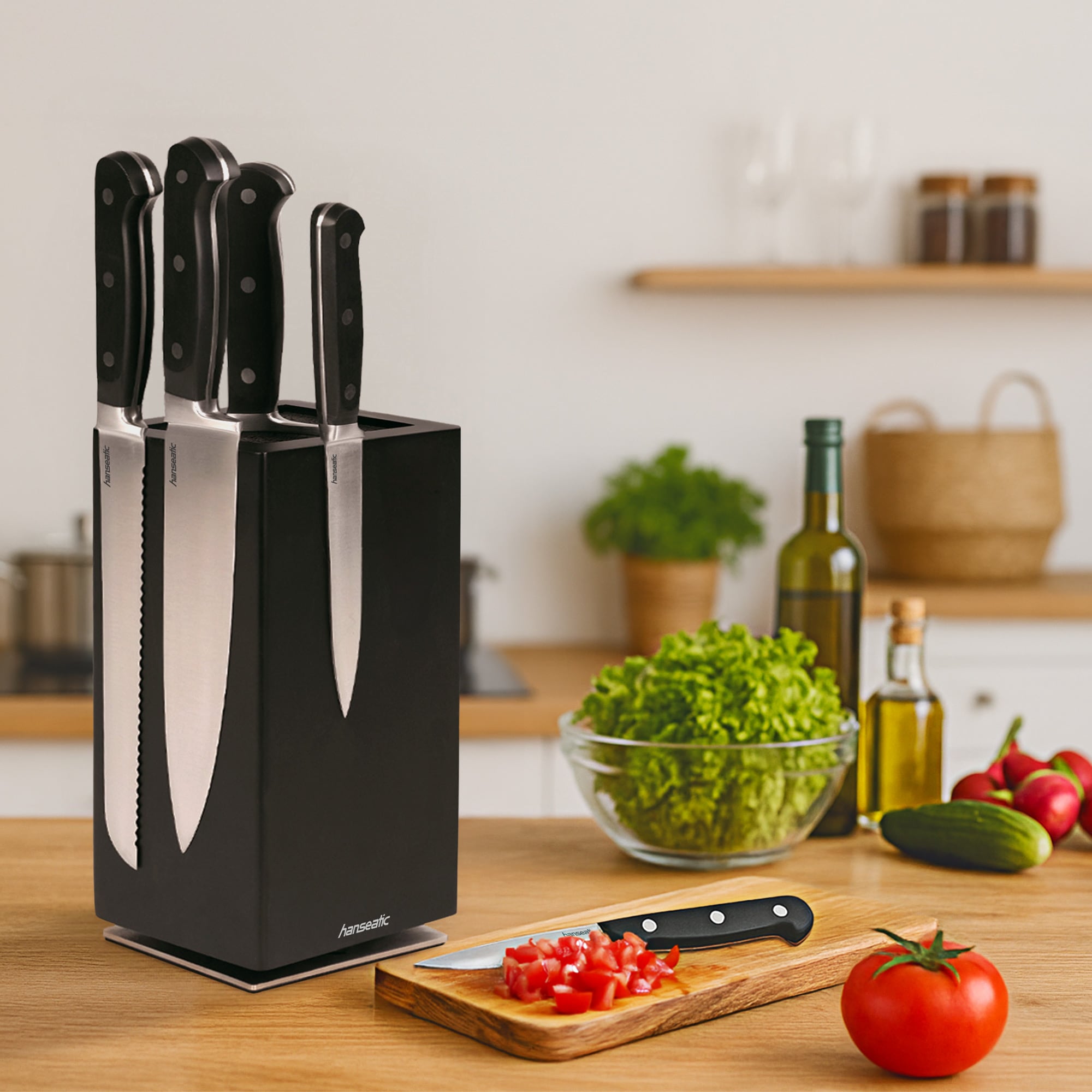Hanseatic Magnet-Messerblock »hanseatic PREMIUM, aus Gummibaumholz, Messerblock Set, 6-tlg.« 6 Stk. elegantes Design, herausnehmbarer Borsteneinsatz, 360-Grad-drehbar