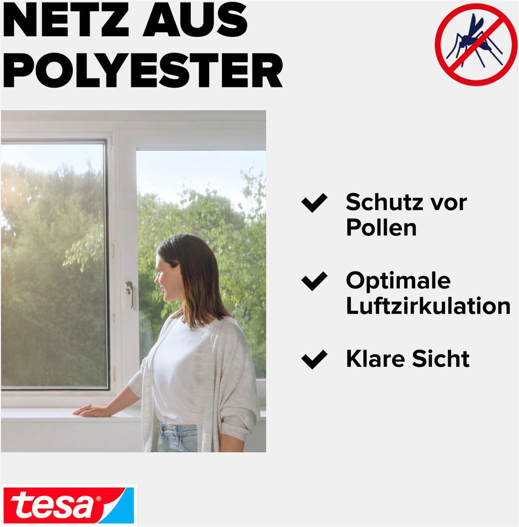 tesa Insektenschutz-Fensterrahmen »Pollenschutzgitter für Fenster - 1,2m x 2,4m« Packung, Fliegennetz, Klettband, 1 Stk. tlg. Pollenschutzgitter - ohne Bohren- zuschneidbar -anthrazit